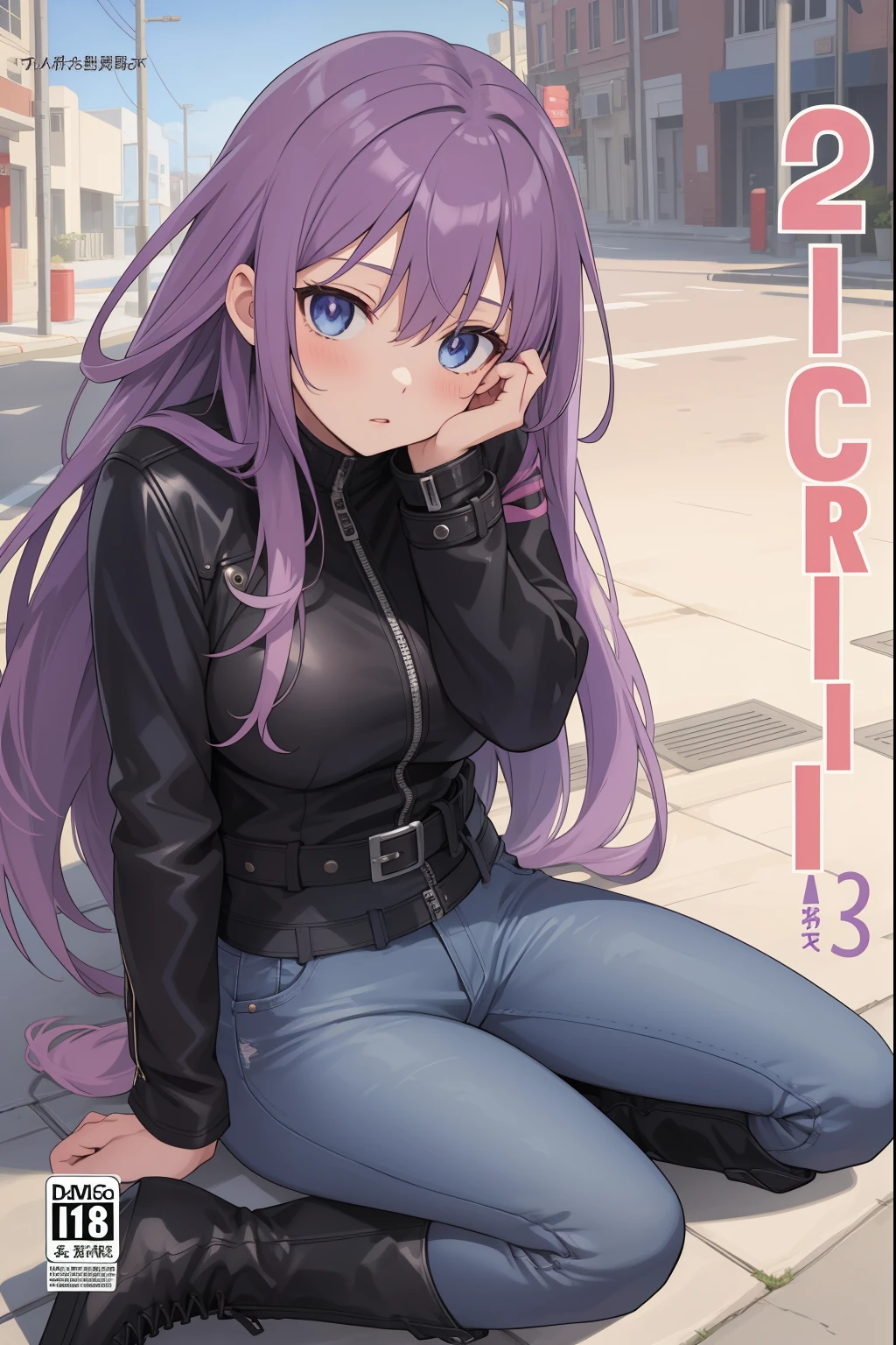 (cover, cover page:1.3), anime girl sitting on the ground on the street, purple long hair, blue eyes, leather jacket, jeans, leather boots