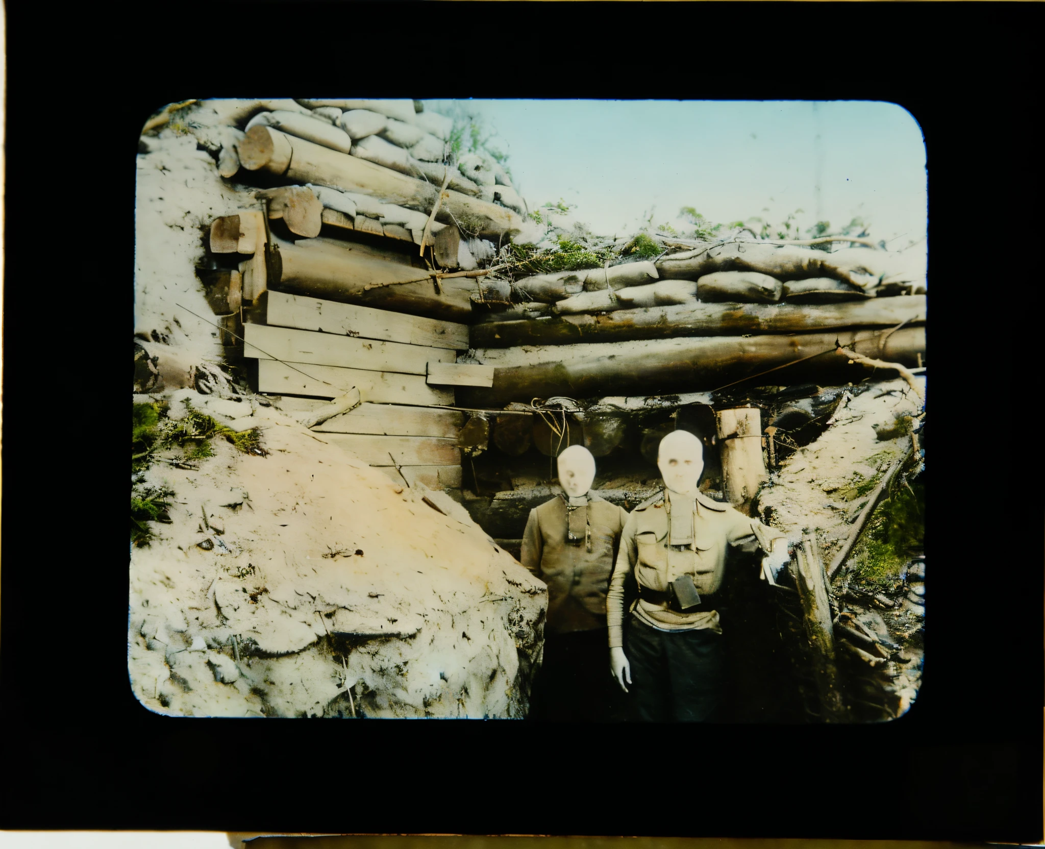 there are two men standing in front of a pile of logs, ww1 film photo, ww1 trench, trench sandbags in background, taken on a ww 1 camera, trenches bombs, in trenches, ww1 photo, russian ww 1, trenches, war photograph, autochrome photograph, old color photograph, autochrome, 4 k photo autochrome, still from film