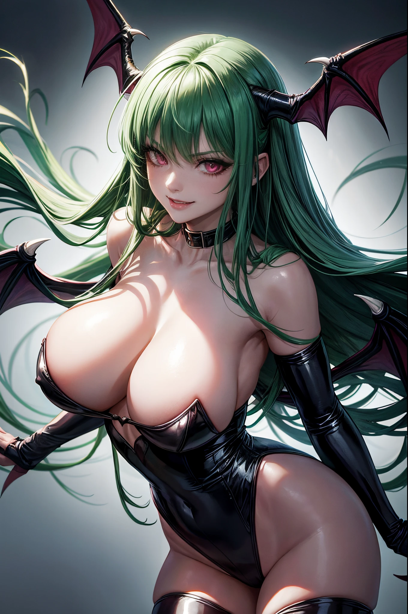 1girl, Morrigan_Aensland, beautiful face, pretty, green hair, long hair, straight hair, hair bang, straight hair bang, pink eyes, mature woman, mommy, big tits, demon, succubus, demon wings, head wings, smiling sadistically, evil smile, black leotard, latex leotard, black stockings, latex stockings, torture room, basement