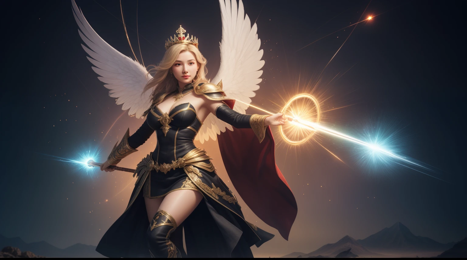 1girl, beautiful fairy queen, detailed eyes, detailed face, mature face, athletic body, looking at viewers,full body, light smile,detailed skin,mature body, tall body,seductive body,medium big breast, medium thigh, detailed clothes BREAK desert and pyramid backgrounds, holding only one long and thick scepter, phoenix dragon in sky, highly saturating beams, holy ceremony, angelic halo, spark dazzling around, holy magic circle, golden crown , golden majical lightning, best quality, masterpiece, trending on Art station,BREAK,Detailed,Realistic,4k highly detailed digital art,octane render, bioluminescent, cinematic lighting BREAK 8K resolution concept art, realism,by Mappa studios,masterpiece,best quality,official art,illustration,ligne claire,(cool_color),perfect composition,absurdres, fantasy,focused, (((full body shot)))