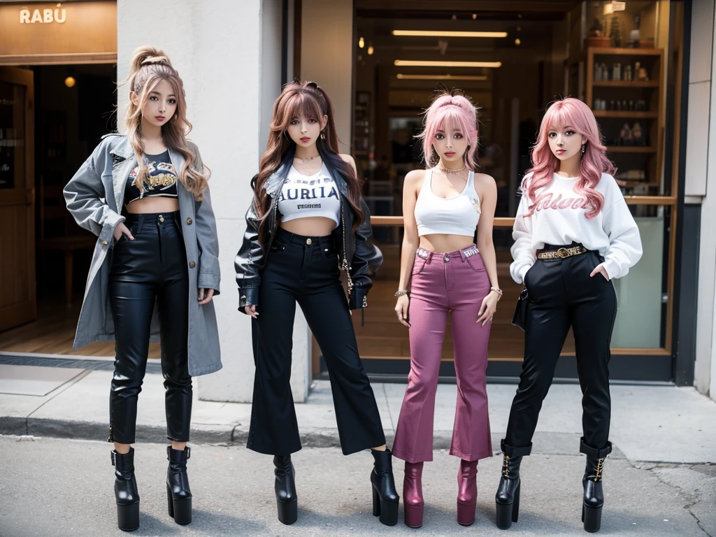 Gyaru twins, very high boots, flared trousers with a large platform and a wide waist., hair color