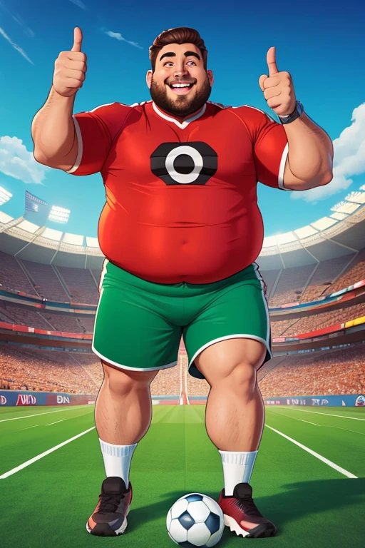You find yourself on a sunny football field, onde uma cena divertida e cheia de personalidade se desenrola diante de seus olhos. Em um filme estilo de desenho animado inspirado nos da Disney Pixar, a relaxed-looking man catches your attention.
This character is portrayed as a fat man, with friendly and expressive facial features. He is wearing a shirt that shows half of his stomach, adicionando um toque de humor e conforto ao seu visual. With comfortable shorts, ele parece pronto para se divertir e jogar uma partida de futebol.
On the feet, ele usa uma chuteira, indicating your passion for sport. Your right foot is close to a soccer ball, pronto para ser chutado a qualquer momento. Through drawing, you can feel your energy and enthusiasm to play the sport.
In one hand, ele segura uma lata de cerveja, adicionando um toque de relaxamento ao personagem. Sua ampla, sorriso contagiante revela sua atitude positiva perante a vida. with the other hand, ele faz um sinal positivo, conveying a message of encouragement and fun to everyone around you.
Essa imagem animada e cheia de personalidade retrata a alegria de se divertir, even with unique physical characteristics. She reminds us that happiness has no standards and that everyone has the right to enjoy life. Imagine-se interagindo com esse personagem divertido em uma partida de futebol. What would it be like to participate in this lively and relaxed sporting environment alongside him??? Let your imagination soar as you explore the contagious energy of this fat man in a shirt showing half of his stomach, de bermudas e chuteira, holding a can of beer in one hand and giving a thumbs up with the other, with the soccer ball next to the right foot.