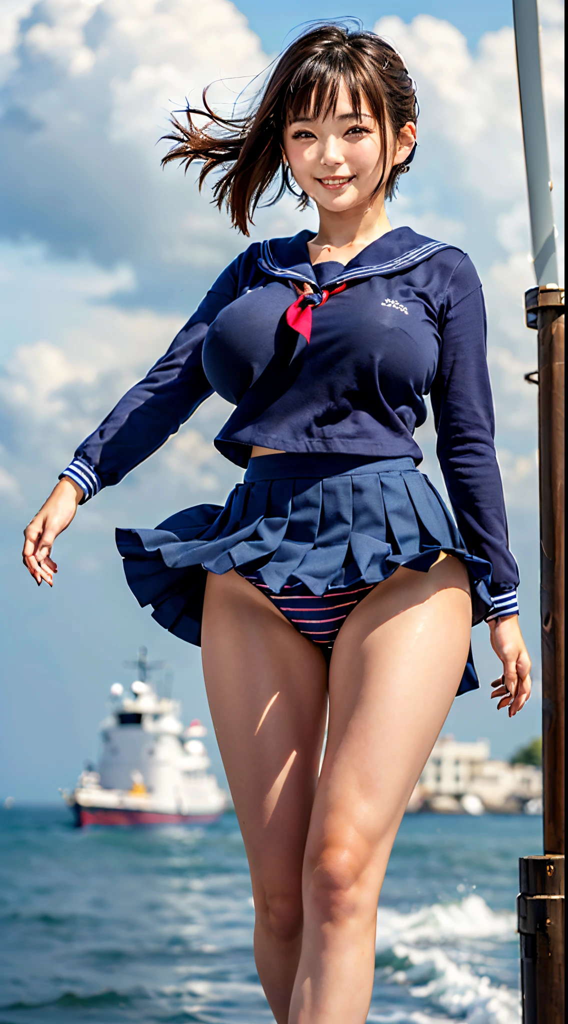 (in 8K、超A high resolution、Best Quality、Photorealsitic、masuter piece、The ultra -The high-definition、top-quality:1.1),(18year old:1.1)(hi-school girl、a sailor suit、Navy Pleated Mini Skirt、High-leg T-back、Hide all breasts、quite massive chest、Pretty big breasts、toned body:1.3)(Short Bob、Japan Cute Woman、appearance々Pose:1.23)、Cute smile(windy up skirt、up skirt panties、Miniskirt fluttering in the wind:1.5)