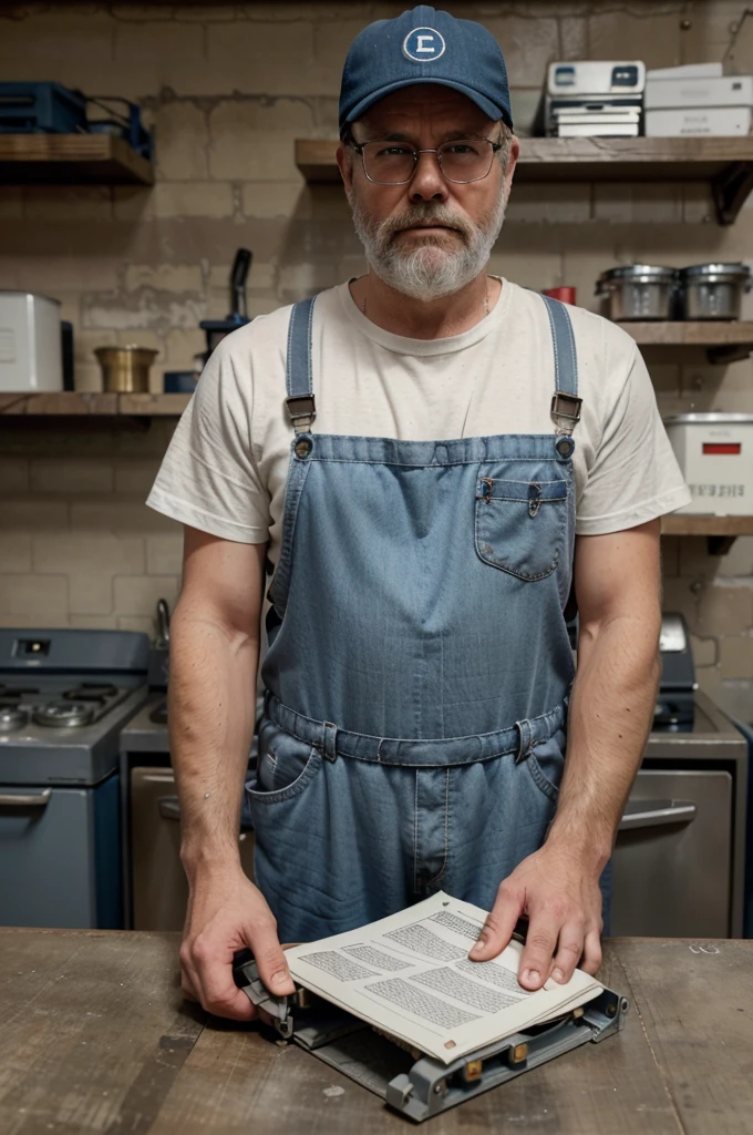 a blue-collar white american man in his '60s leans on the front counter of an appliance parts supply shop, overweight, unkempt grey beard, trucker's cap, thick eyeglasses, blue eyes, electrician, working man, american, refrigerator parts, shelves, dimly lit, high quality, hyper realistic, dirty fingernails, serious expression, looking at viewer, customer service, grey jumpsuit, name tag, rolled up sleeves, hairy arms, oil stains, machinery, edison light bulbs, concrete floor, cash register, receipts, paperwork, manuals, electronic parts, wires, cables, cable spools, handpainted signage, dusty interior