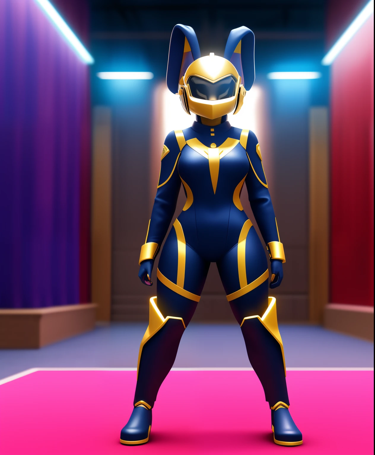 Superbunnaiter the female anthro rabbit, pink skin, pink hair, live action cgi, gray and gold supersuit, future helmet, full body view