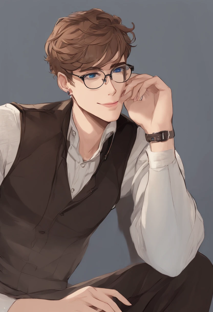 A close-up shot of a character pushing up his glasses with a cheeky smirk on his face,original,[{{((Hair: light brown + short + messy))
((Eyes: large + blue + piercing + doe eyes))
((Facial features: long sharp face + sharp jawline + straight nose + pointed chin + thin lips + pale))
((Build: tall + slender + lean + lithe + strong + large hands))
((Appearance: glasses + sweaters + neat + put together))}}]