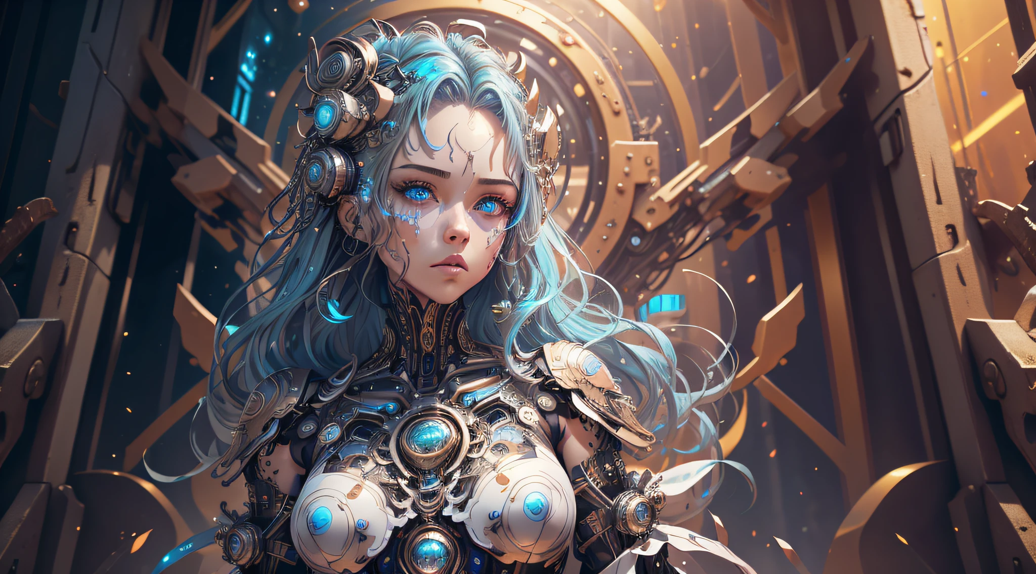 full body image (full body image 1.9), the concept of Artificial Intelligence floating in front of a door to the multiverse full of stars, vibrant, fluent colors, colorful, crystaline patterns, gears, cyberpunk, (delicate illustration 1.4), (masterpiece), (best quality), (ultra detailed), (absurdres), (highres), (official art:1.4), (illustration:1.4), (distinct image:1.2),(delicate illustration: 1.2), 8k, blue tones, (detailed face:1.3), (highlights in eyes:1.3), (detailed hair:1.3), (detailed skin:1.3), surreal, robotic, future,