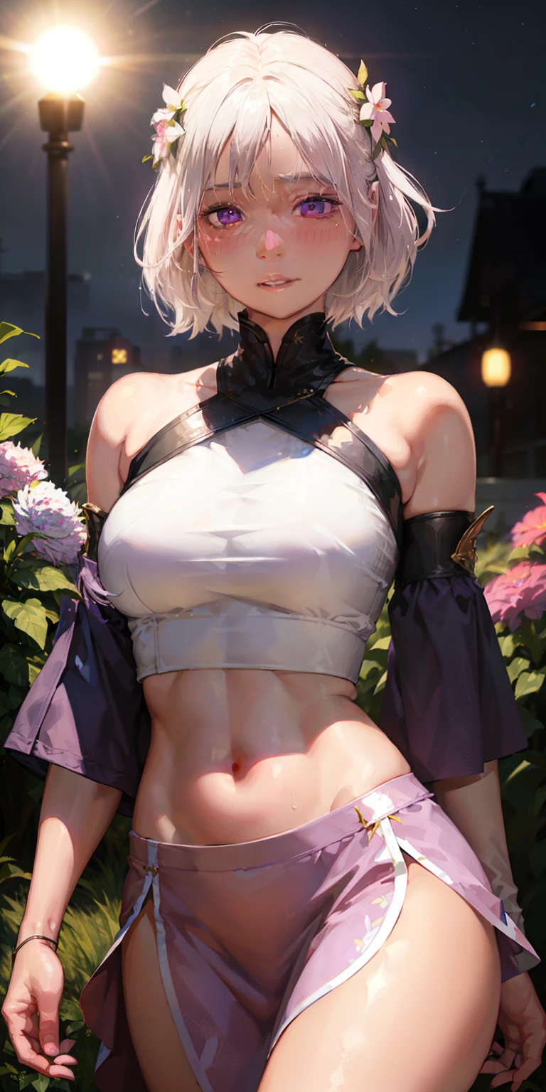 realistic, 1girl, white hair, purple eyes, glowing eyes, crop top, skirt, parted lips, blush, night, flowers, sun, sunlight,