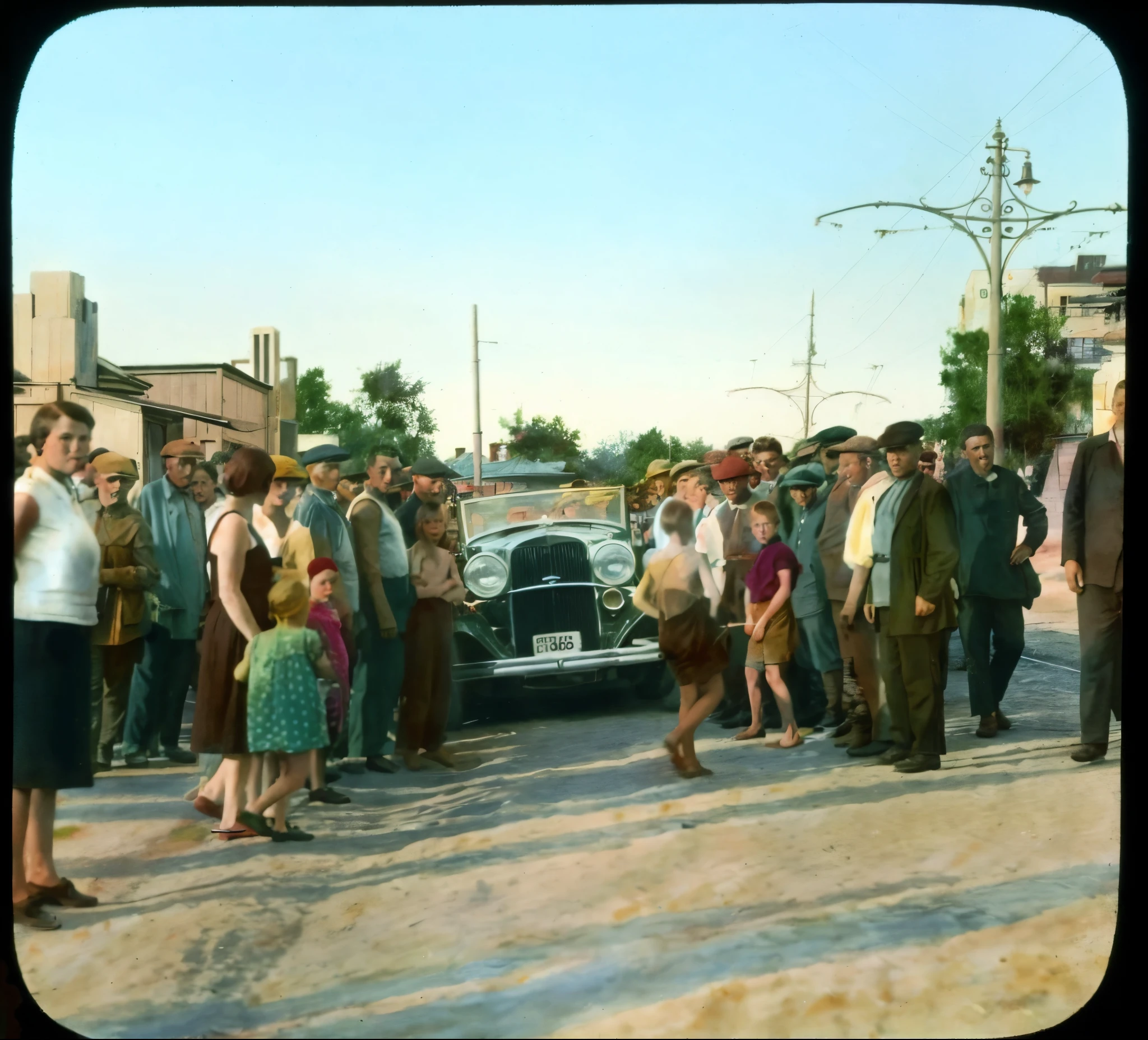 there are many people standing around a car on the street, colourized, 4 k photo autochrome, autochrome, colourised, old color photograph, old color photo, colorized photograph, vintage color photo, colorized, colorized photo, autochrome photograph, award winning colorized photo, psychedelic colorization, restored color, award winning autochrome photo