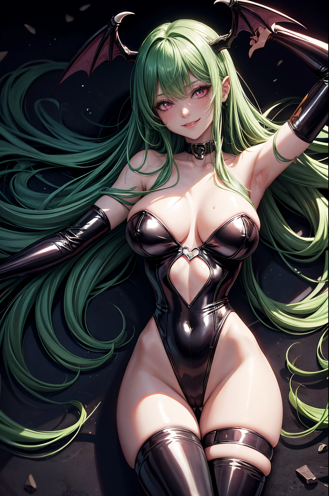 1girl, Morrigan_Aensland, beautiful face, pretty, green hair, long hair, straight hair, hair bang, straight hair bang, pink eyes, mature woman, mommy, big tits, demon, succubus, demon wings, head wings, smiling sadistically, evil smile, black leotard, latex leotard, black stockings, latex stockings, torture room, basement