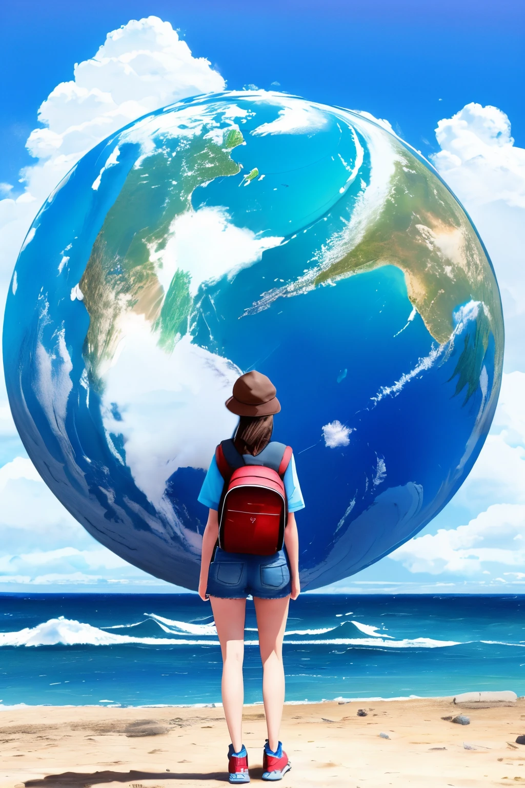 women backpacker in a hiking shoes standing in front the giant Earth planet, Exploring the beauty of nature, blue sky around her with a little clouds, giant mountains and dark blue ocean with a waves, vibrant colors, diversity of the world, map of the world