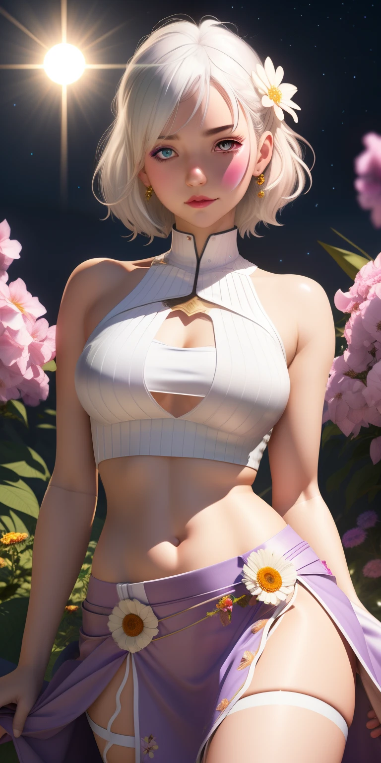 realistic, 1girl, white hair, purple eyes, glowing eyes, crop top, skirt, parted lips, blush, night, flowers, sun, sunlight,