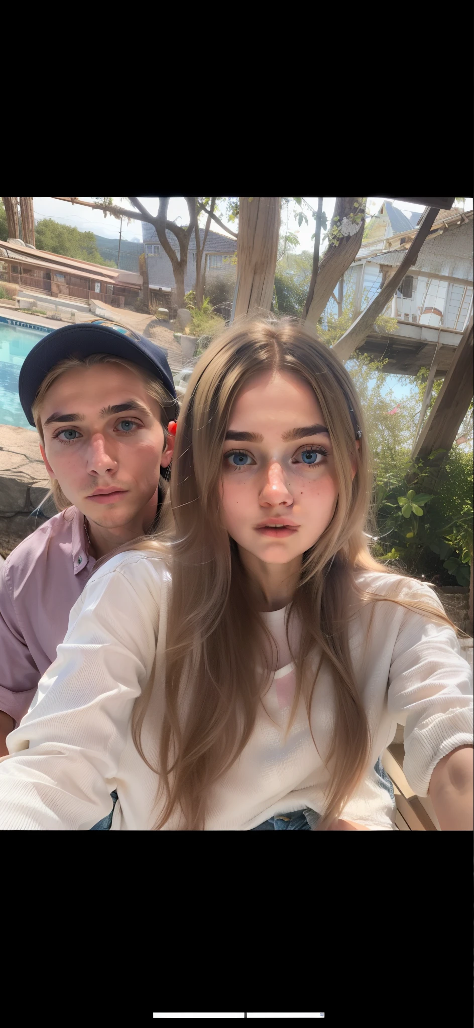masterpiece, best quality, a girl with blonde highlight lights on her hair wearing a white top and blue jeans sitting on a man’s lap who has dark brown long hair with a middle parting tucked behind his ear wearing a dusty pink shirt