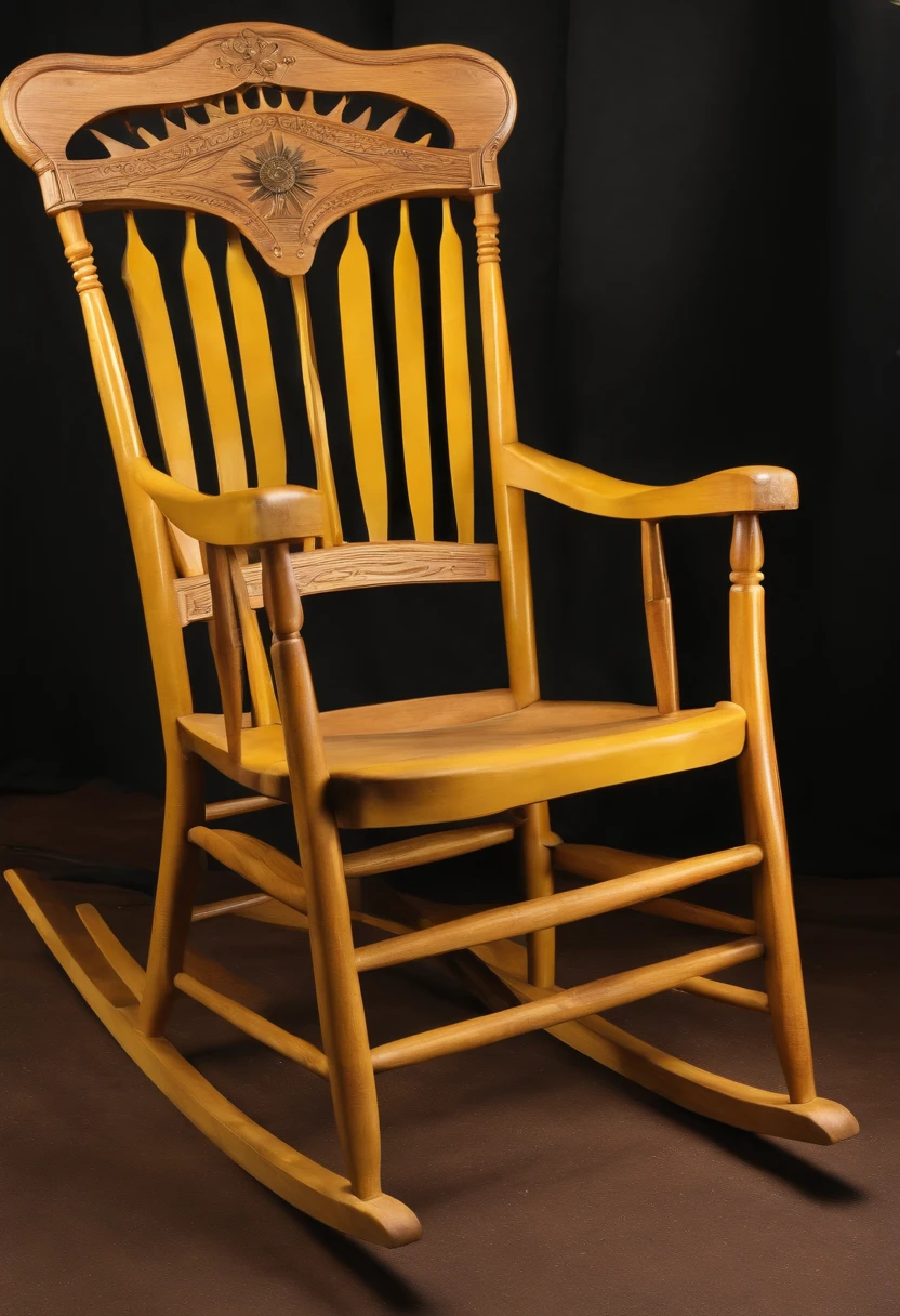 A photo of a beautifully handcrafted wooden rocking chair with a sunburst pattern on the backrest.,original,He has a long white beard and is close to 70 years old. He wear wore rimmed glasses and a yellow safety hat at all times