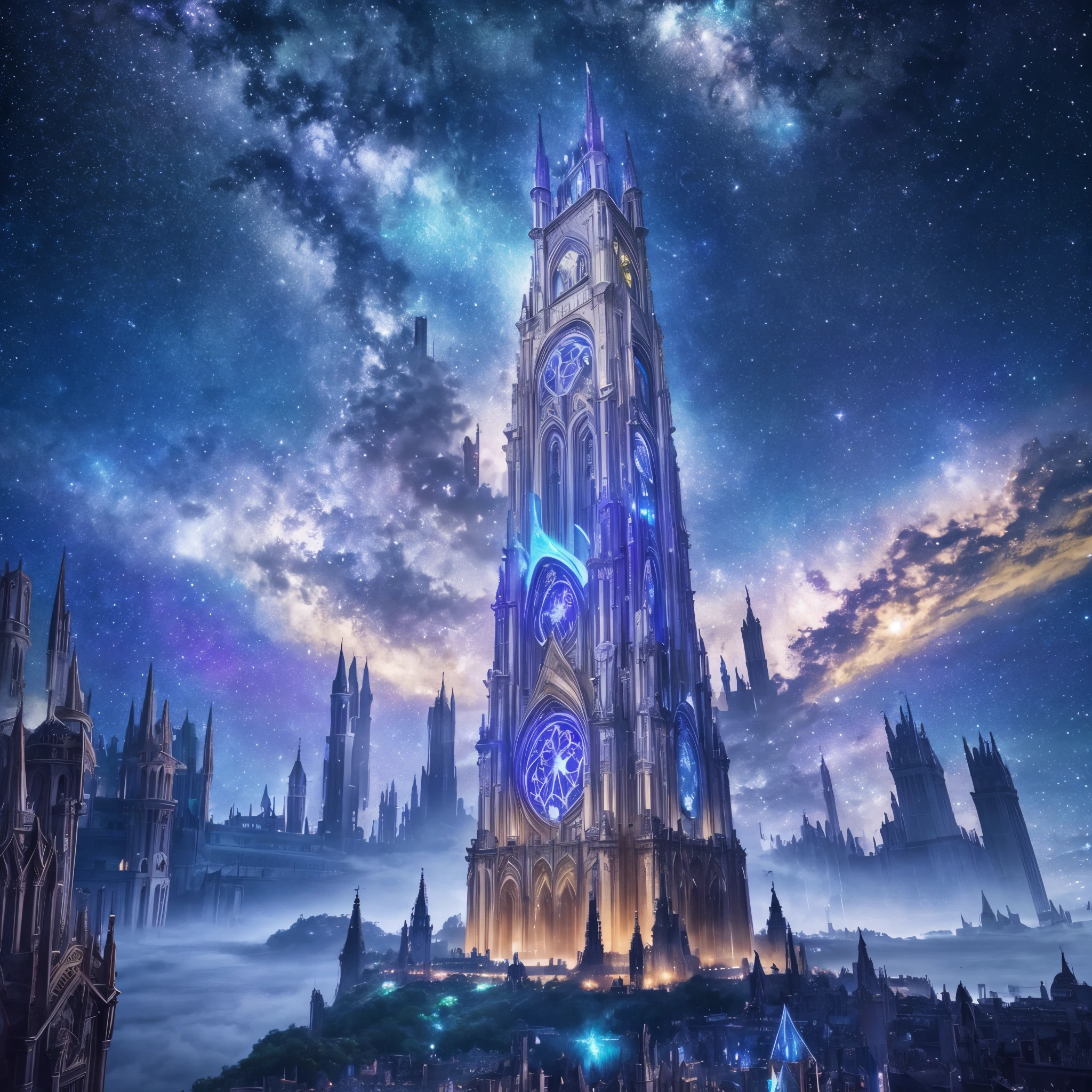 majestic and ethereal tower, rising into the skies of an enchanted city, cada painel luminoso como uma estrela, revealing scintillating ideas that dance in the ether, while magical creatures whisper inspirations to curious travelers, photorealistic --auto --s2