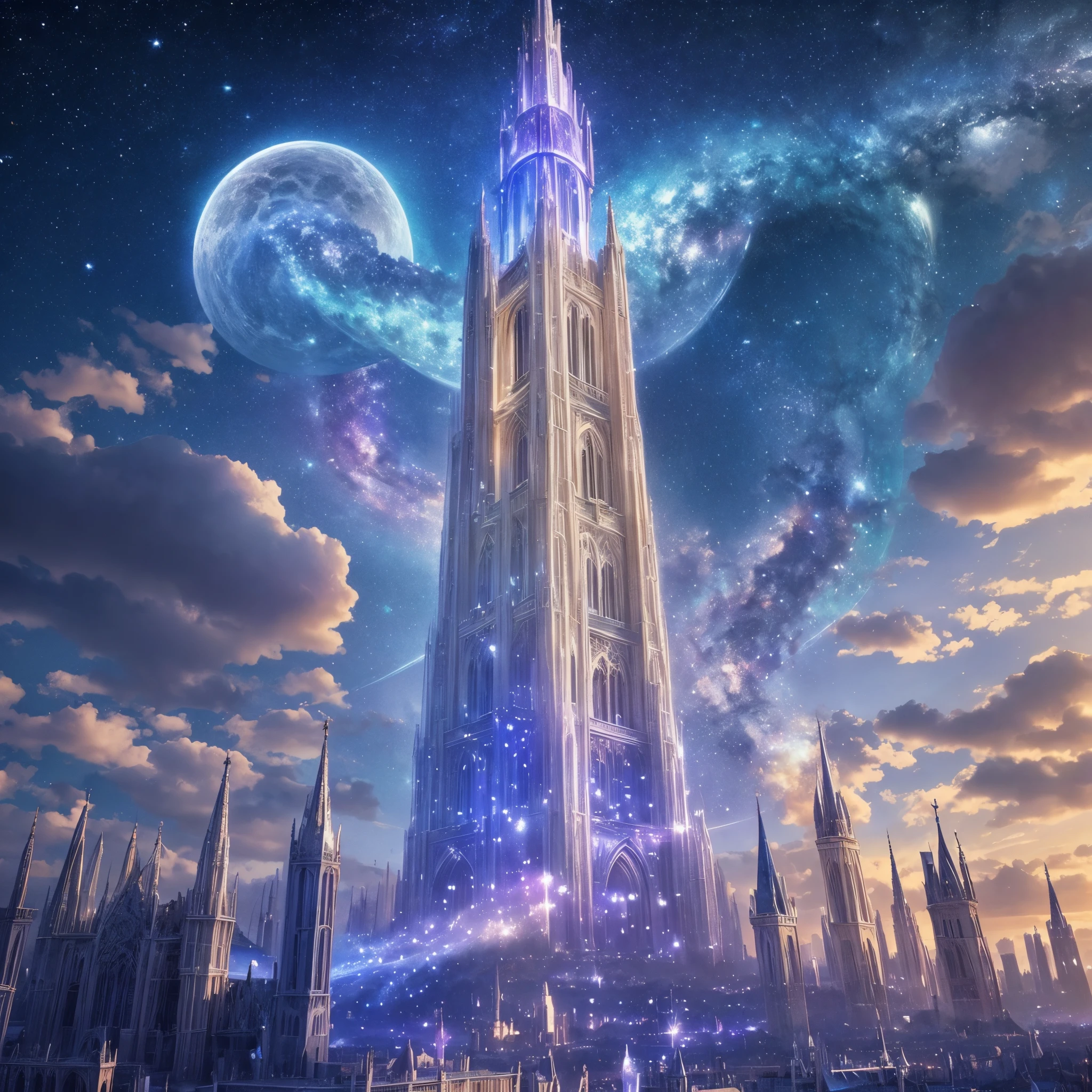 majestic and ethereal tower, rising into the skies of an enchanted city, cada painel luminoso como uma estrela, revealing scintillating ideas that dance in the ether, while magical creatures whisper inspirations to curious travelers, photorealistic --auto --s2