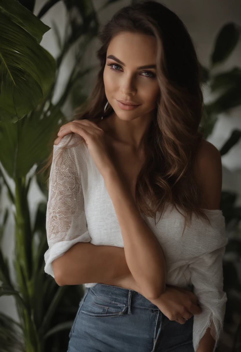 Femme arafed avec un débardeur blanc et un collier, fille sexy aux yeux verts, Portrait Sophie Mudd, cheveux bruns et grands yeux, Selfie d’une jeune femme, Yeux de chambre, Violet Myers, sans maquillage, maquillage naturel, Regarder directement la caméra, Visage avec Artgram, Maquillage subtil, Superbe photo du corps entier, Yeux verts perçants, Bel angle, pose attrayante, fille mignonne, sexy pose, Image du corps entier, corps entier, Prise de vue du corps entier, Déesse brune, détail élevé, pose satisfaite, Pantalon en cuir, italienne