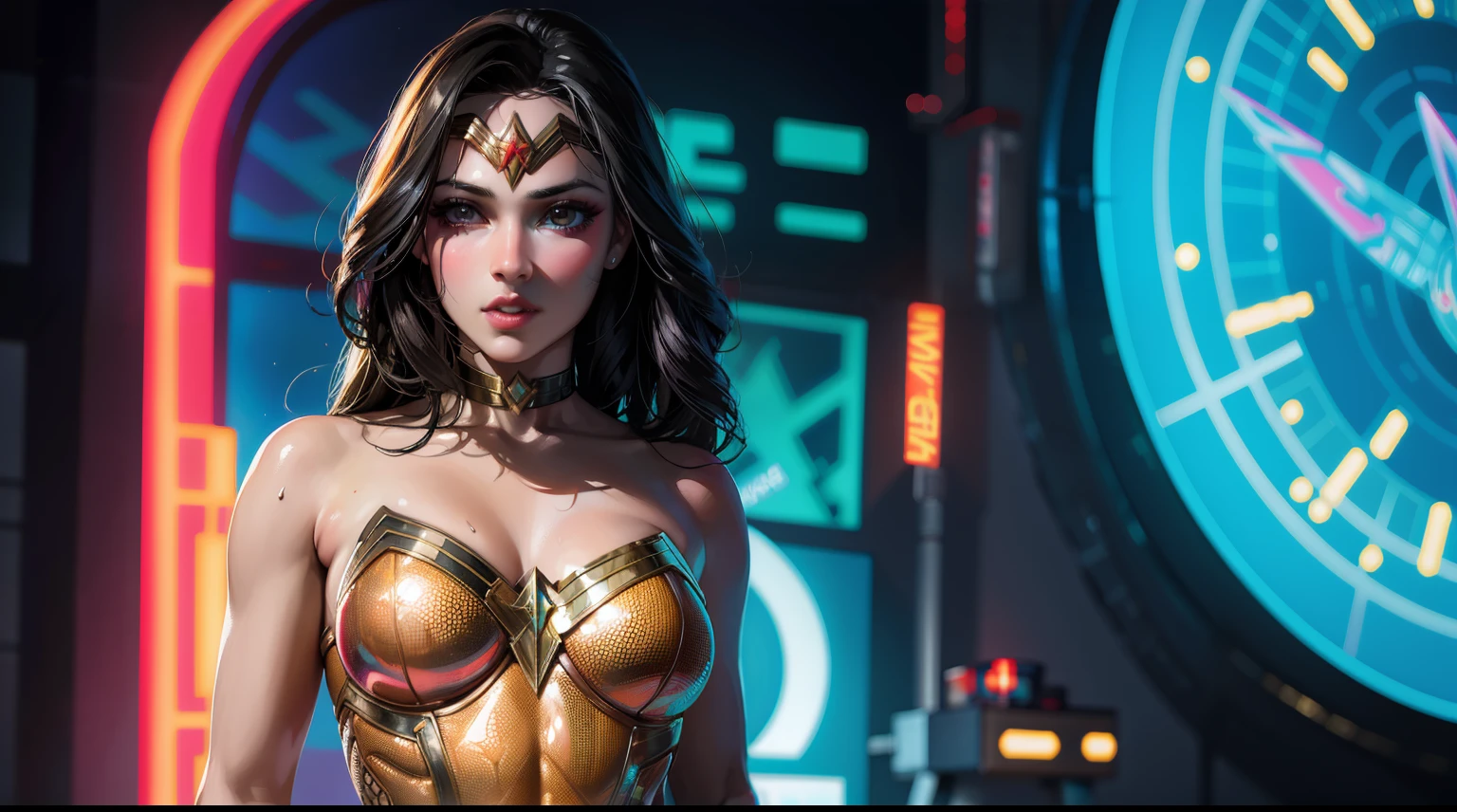 Sexy wonderwoman from DC Comics, Masterpiece, Best Quality, abstract, Psychedelic, Neon, (honeycomb pattern), (creative:1.3), Sy3, SMM, fantasy00d, ((half body photo))