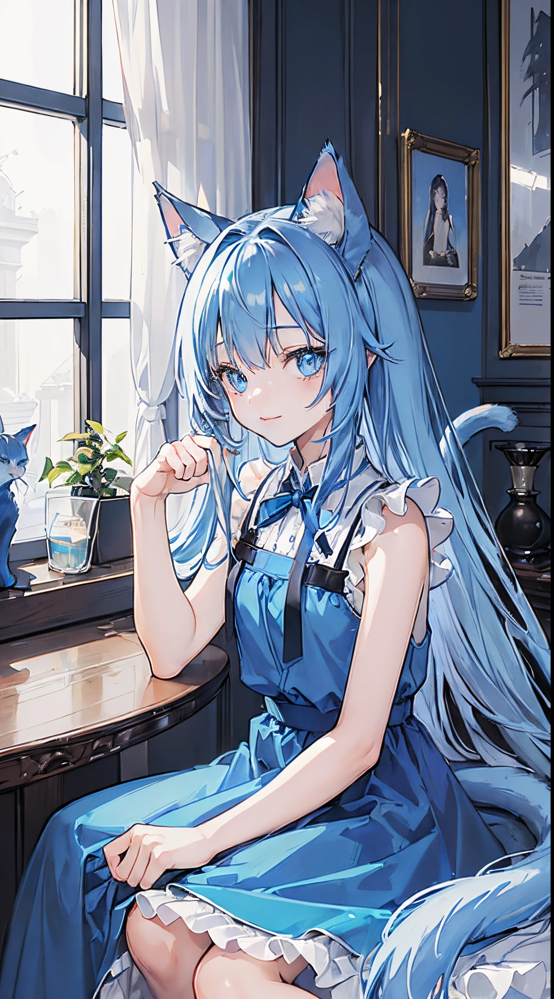(((8K))), (((masutepiece))), (((Best Quality))), (((ultra-detailliert))), ((Magazine covers)), (((extremely delicate and beautiful))), (((high quality eyes))), (((Blue cat,Blue cat,Blue cat,Blue cat,Blue cat,))), (Eye focus), ((Smile)), (((Perfect Anatomy))), (((8K Coffee Shop))), (((8K Coffee Shop Background))), ((())), (((Glowing eyes))), (((Blue eyes))), (((Blue Long Hair))), (((Cat's ears))), (((Cat tail))), (((Blue Dress))), (((Sleeveless))),