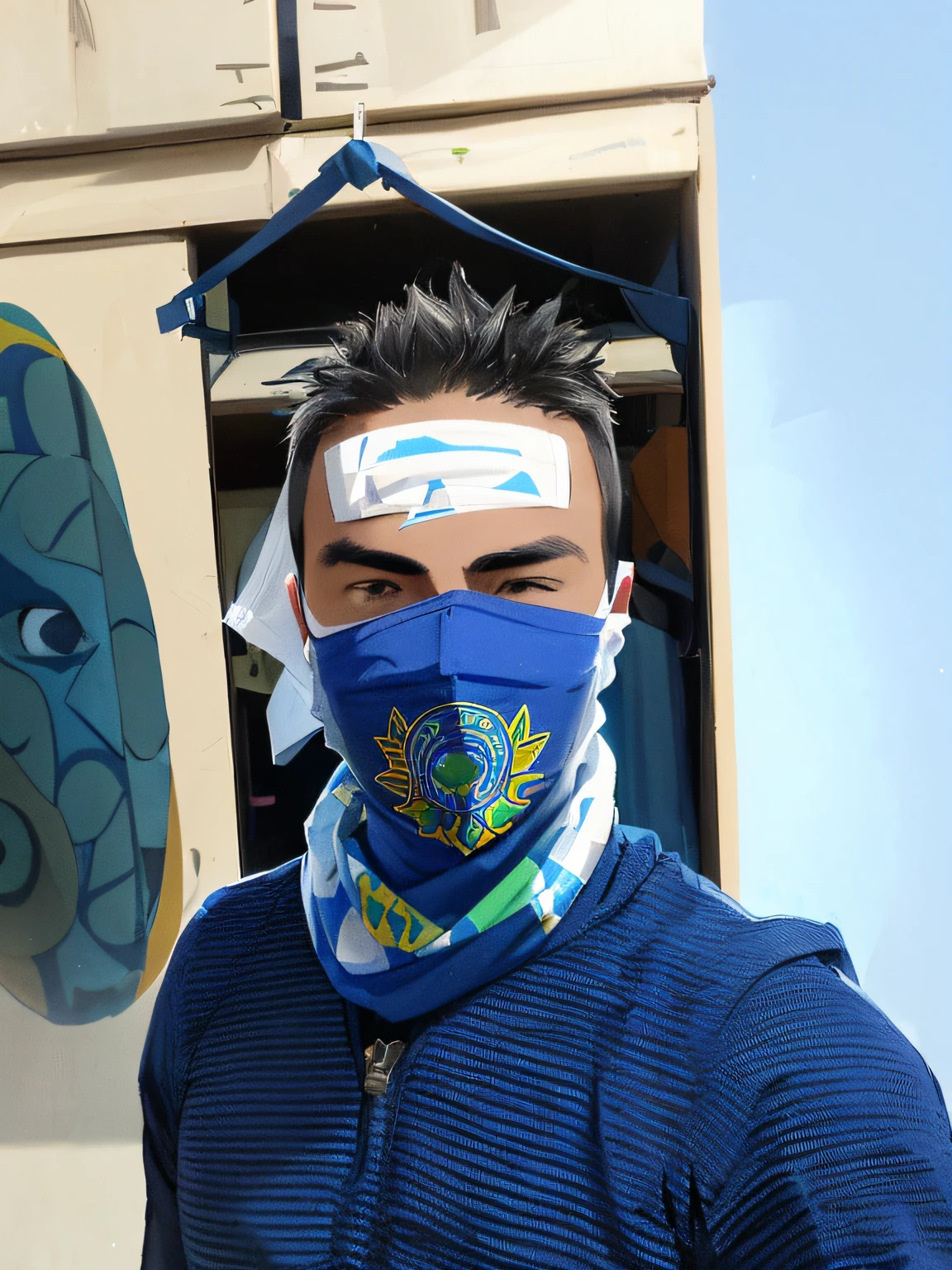 arafed man wearing a blue face mask with a green and yellow design, bandana, wearing facemask, wearing bandit mask, wearing mask, balaclava covering face, facemask, face covers half of the frame, front portrait, wearing a mask, some of them use gask mask, frontal picture, front profile!!!!, vega mask, dust mask, face covered