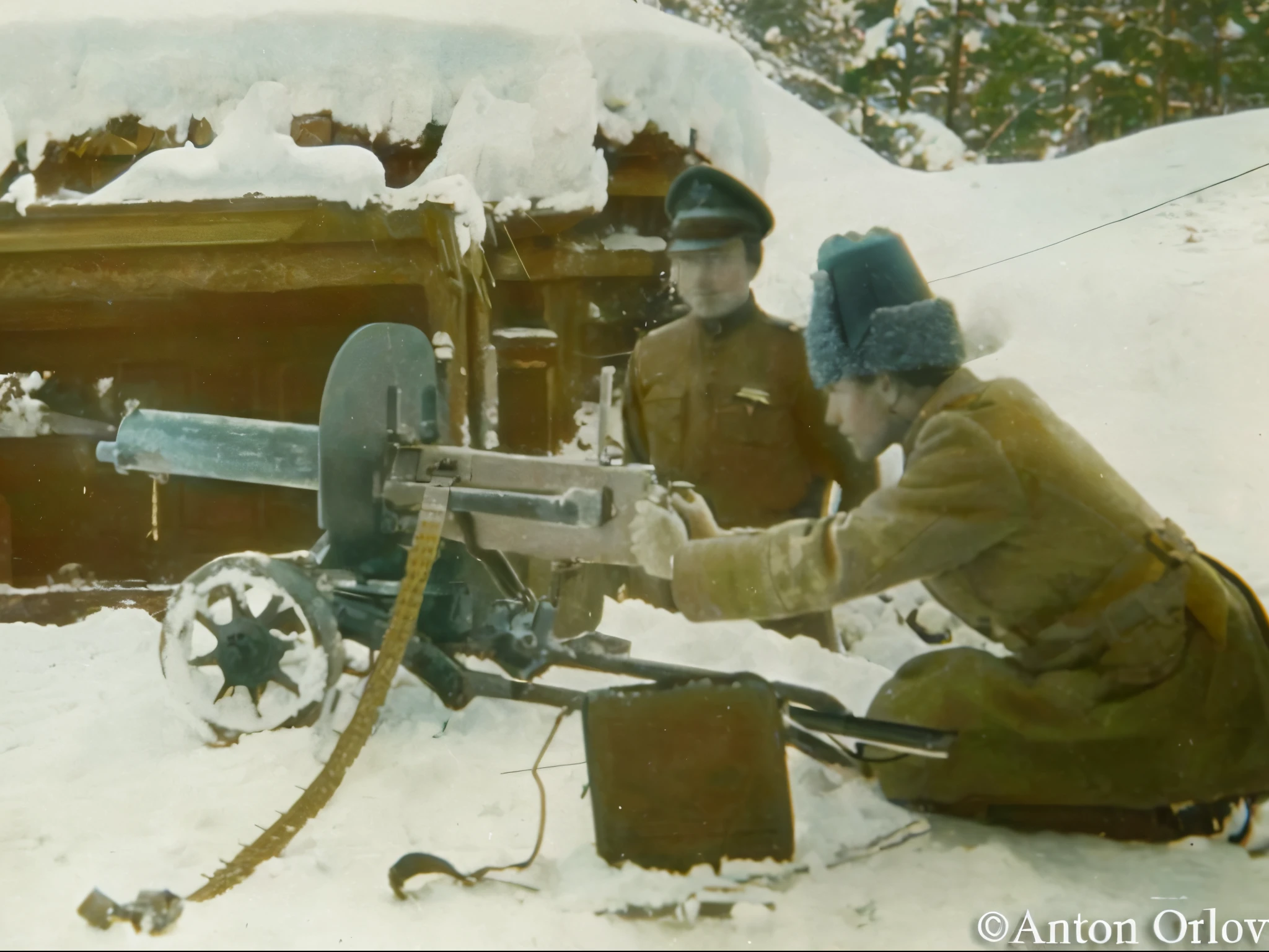 soldiers in uniform are using a machine gun to fire a snow - covered building, winter 1941, russian ww 1, autochrome, anato finnstark. 3 5 mm, anato finnstark. 5 0 mm, colourized, 4 k photo autochrome, scene with machine gun, with anti aircraft guns, vulcaon machine gun