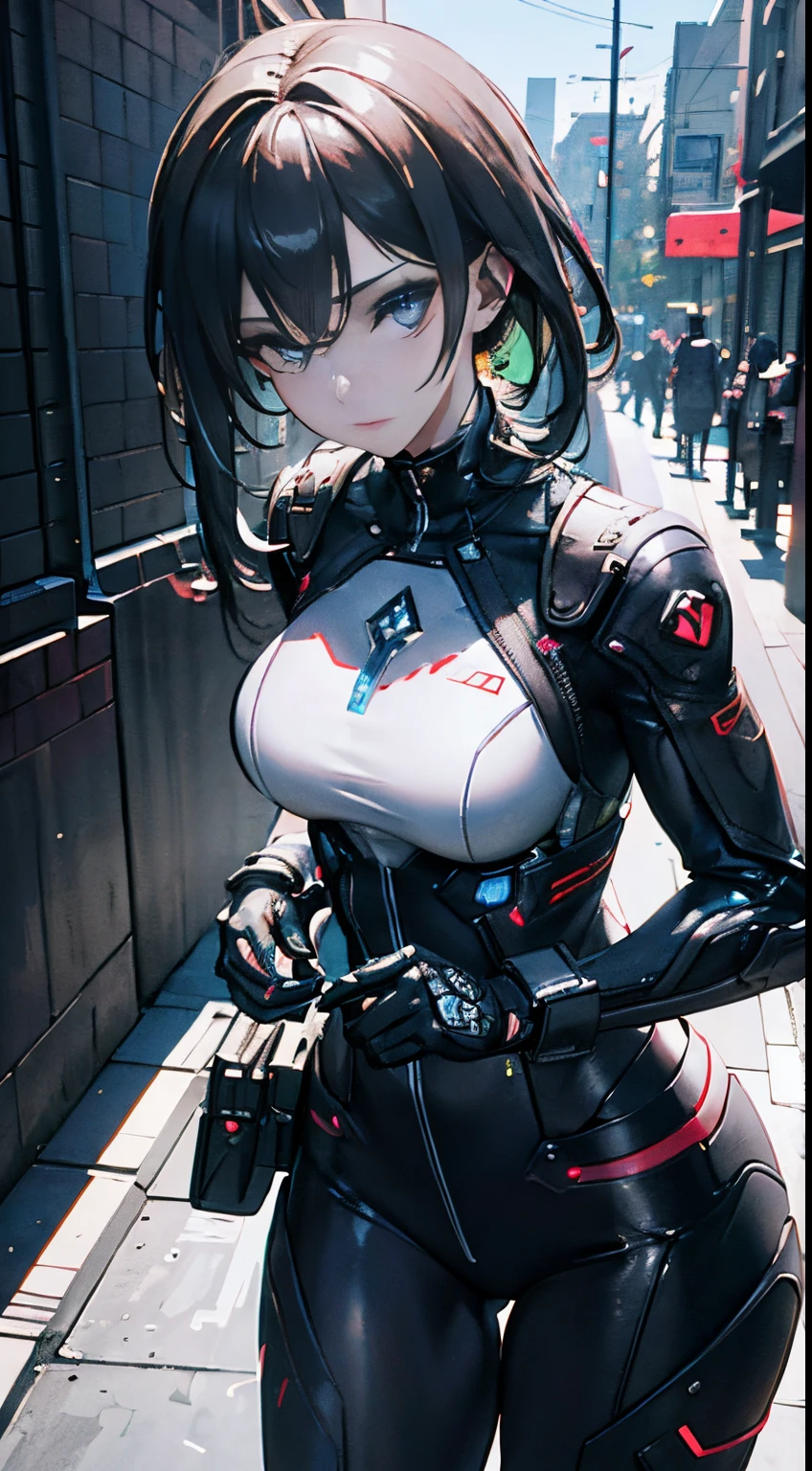 Anime style ,terror  ,ultra detailed, black  hair 
, heterocromia  eyes ,cyborg eye , li girl , half of the mechanical face ,sad face , prision  , flat chest,  mechanical arm , sujo dress , Sad face , cyborg grill , dungeon.  Dark . Biomecânica 