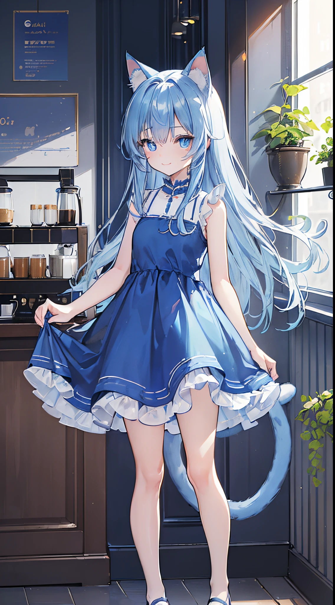 (((8K))), (((masutepiece))), (((Best Quality))), (((ultra-detailliert))), (((extremely delicate and beautiful))), (((high quality eyes))), (((Blue cat,Blue cat,Blue cat,Blue cat,Blue cat,))), (Eye focus), ((Smile)), (((Perfect Anatomy))), (((8K Coffee Shop))), (((8K Coffee Shop Background))), (((15 years old))), (((Glowing eyes))), (((Blue eyes))), (((Blue Long Hair))), (((Cat's ears))), (((Cat tail))), (((Blue Dress))), (((Sleeveless))),