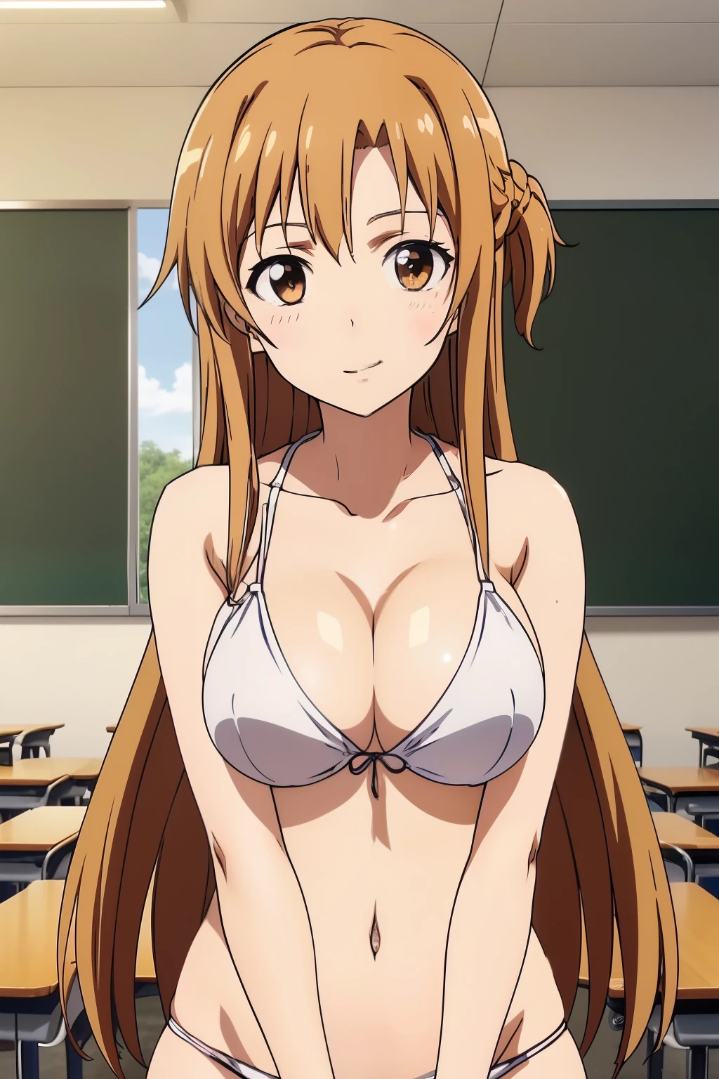 ((masutepiece, Best Quality, High resolution, anime screen cap, anime colours, in 8K, anime keyvisual)):1.5, Asuna, 1girl in, Cute, Shy smile, (Light brown long hair:1.5), 14years, (Oversized large sagging breasts:1.5), cleavage, ((White Micro Bikini:1.5, Thin fabric)), Navel Ejection, Lower your arms, Leaning forward:1.5, Upper body, ‎Classroom, ((Perfect Anatomy, beautifull detailed face, Beautiful detailed eyes, beautiful detailed hair, Beautiful detailed body)), thick outline, Beautiful outlines, black outlines