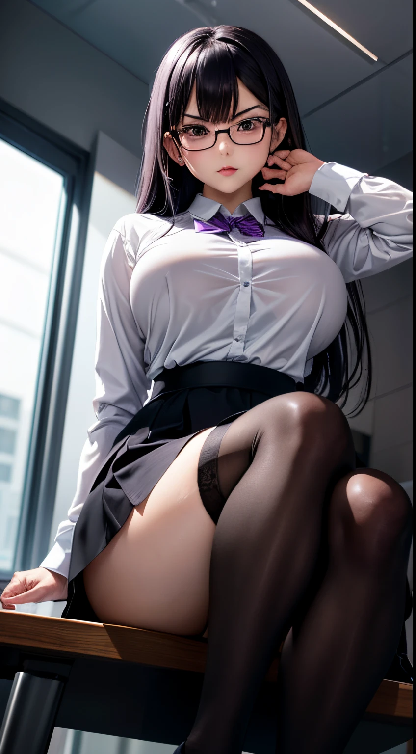 Silk White Shirt　Black tight skirt　Black stockings　Purple hair　Korean Idols　A MILF　eye glass　Chaiborg　A slightly angry look　Duck mouth　cute little　bbw　Whip whip　Sit at your desk in the office　Please point the soles of your feet toward the camera　Portrait　full of sweat