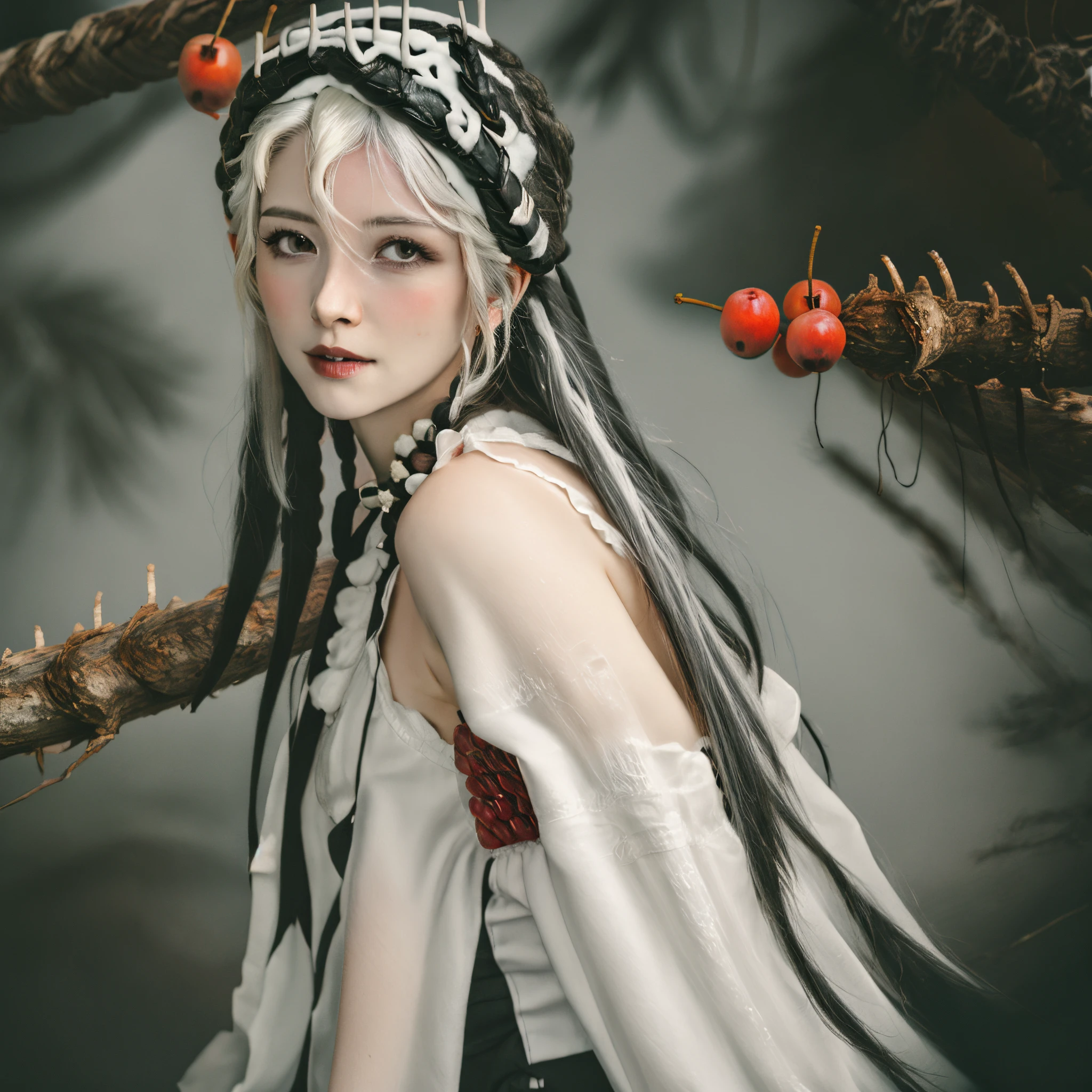White hair, winter,berries in the background