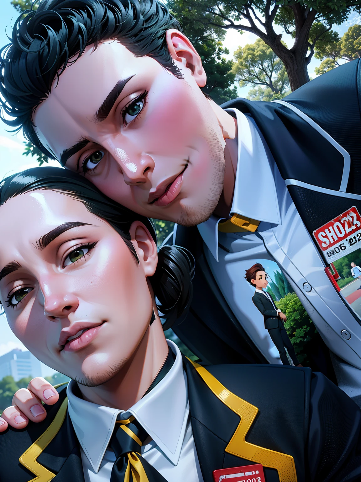 there are two people standing in a yard posing for a picture, smooth in _ the background, with a tree in the background, jordan grimmer and natasha tan, trees in the background, smooth in the background, couple pose, taken in 2 0 2 0, green and black, taken in the early 2020s, bushes in the background