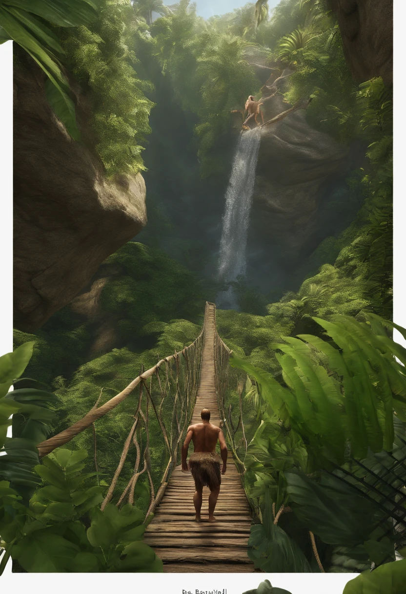 A photo of bob using a makeshift rope bridge to cross a narrow ravine, with a dinosaur peeking out from the foliage below.,Ark survival evolved,bob is a neanderthal looking man who carries primative tools and wears only a loincloth. he is strong from surviving on an island inhabitated by dinosaurs