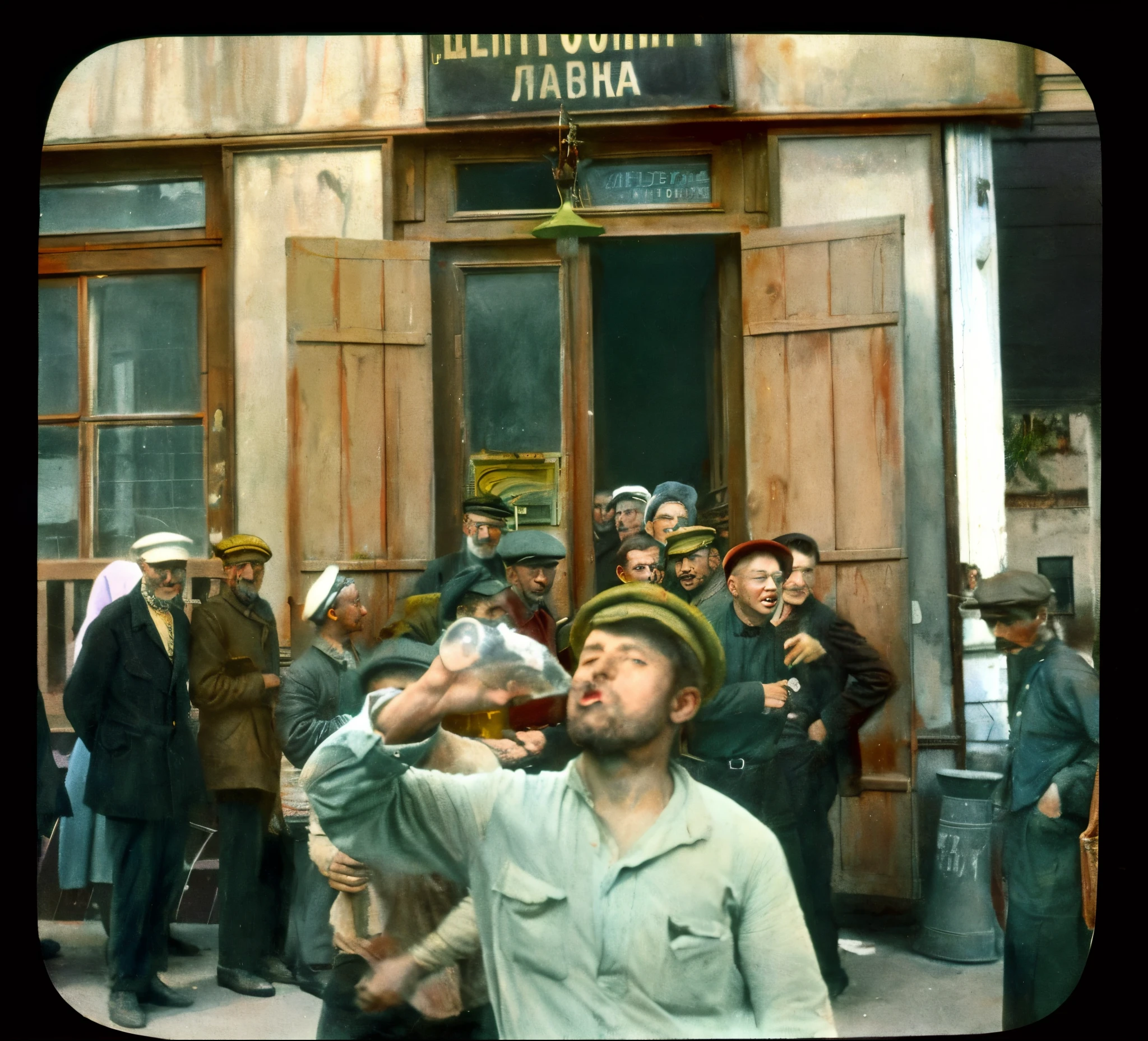 there is a man standing outside of a building with a crowd of people, colorized 1 9 0 4 photo, vintage color photo, colourized, sergey zabelin, old color photo, by Svetlin Velinov, alexey egorov, by Albert J. Welti, old color photograph, inspired by Aleksandr Ivanovich Laktionov