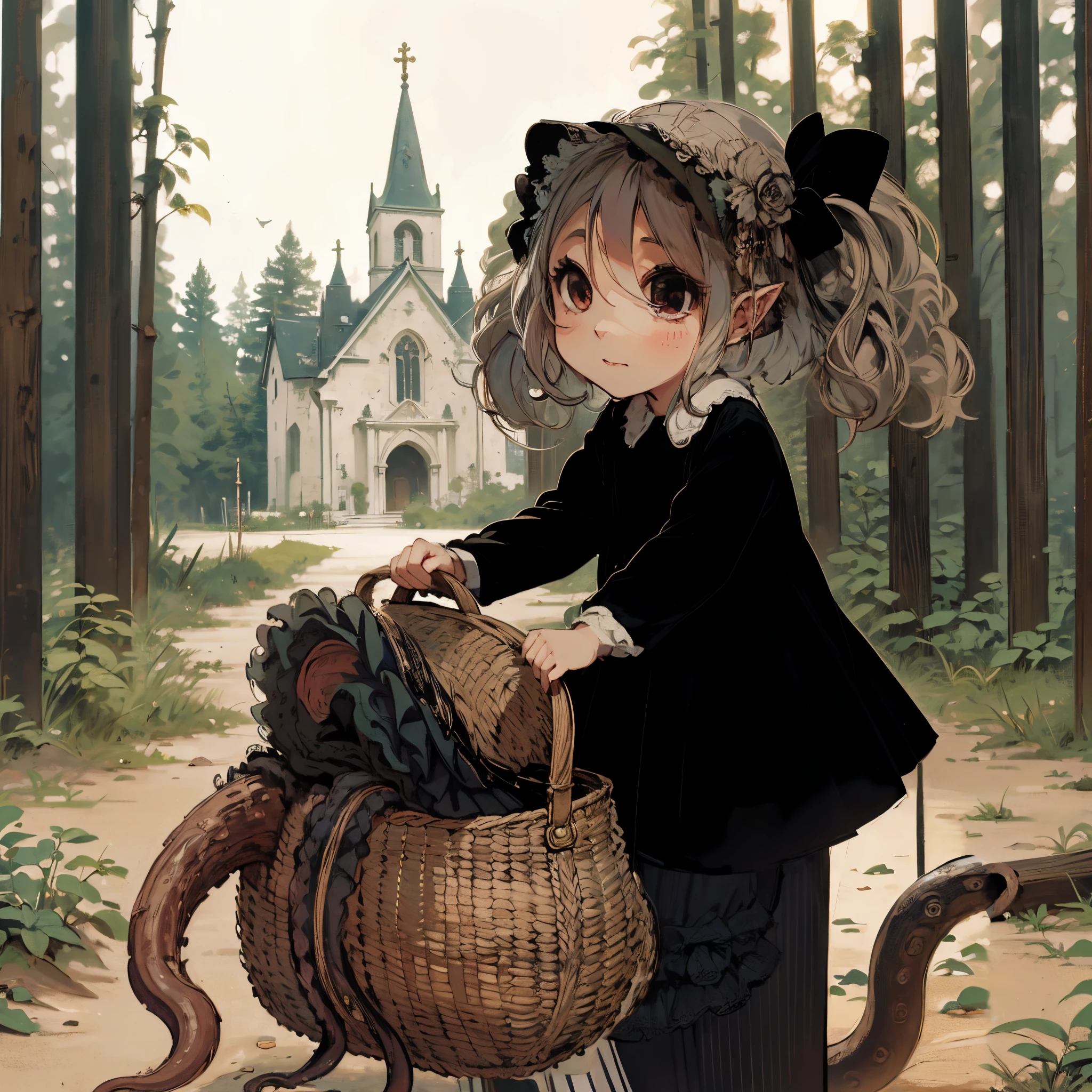 girl with a handbag. She is a tentacle monster from inside the basket. She has pigtailed hair. She is a black veil. in the forest. Church in the distance.