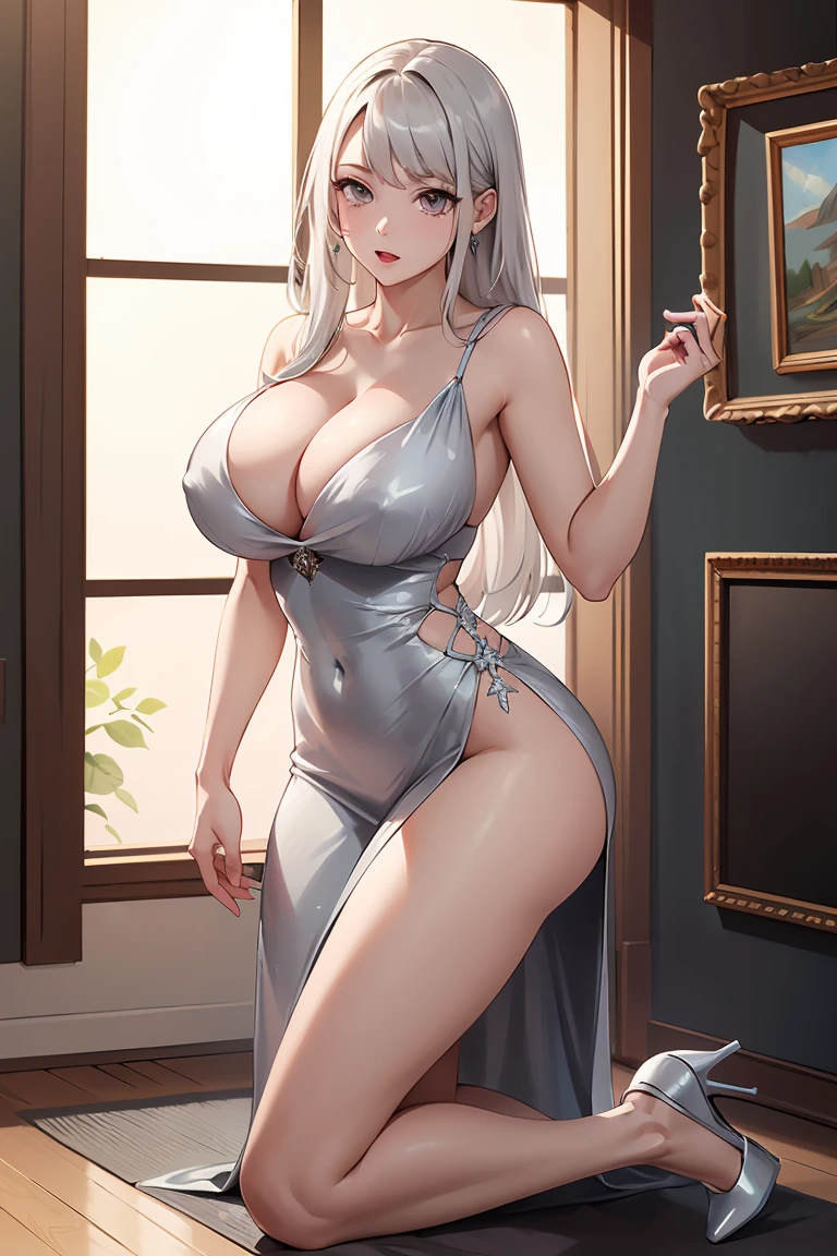 (Best quality,Unbeatable masterpiece:1.4),Ultra-detailed CG 4K,Long gray slit dress,high-heels,high-heels,Huge cleavage,Nipple presentation,Long white hair,Gray eye,AS-Adult,kneels on the ground