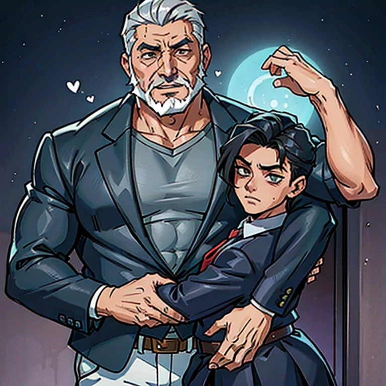 Um garoto adolescente e exibindo peitoral, gray-bearded father embracing lovers in a yaoi novel