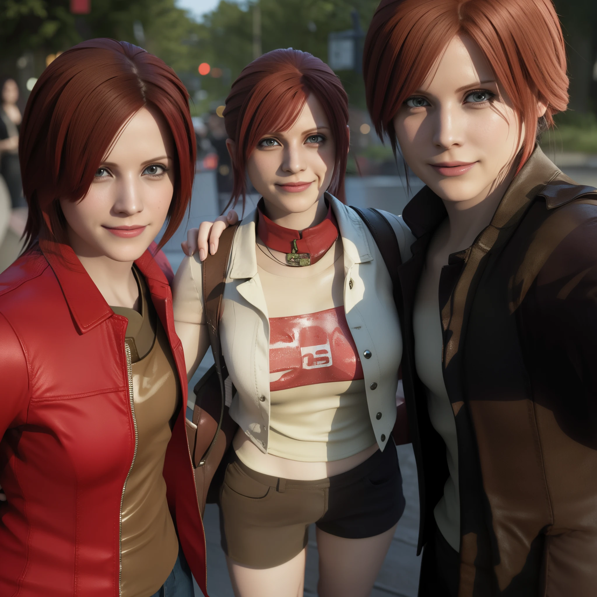 Woman, Claire redfield, long red hair, wearing red jacket with red t-shirt, nails polish, happy expression, little smile