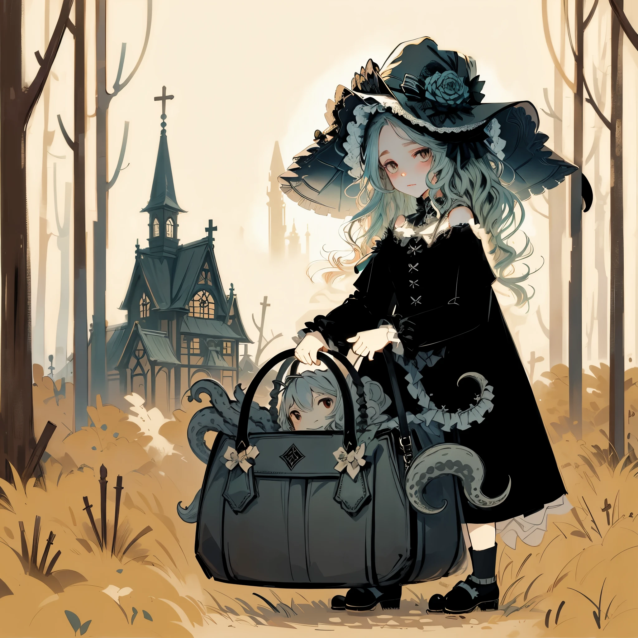 girl with a handbag. She is a tentacle monster from inside the basket. She has pigtailed hair. She is a black veil. in the forest. Church in the distance.