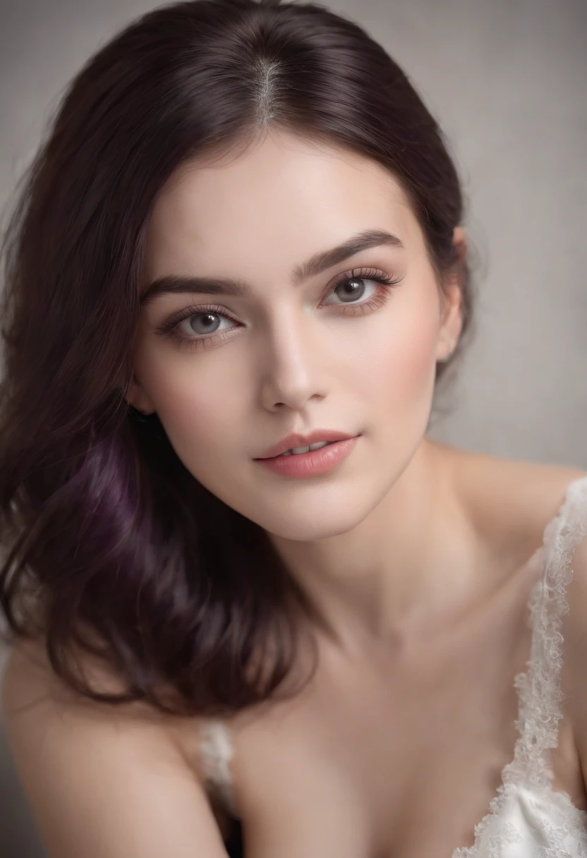 Foto realista, beautiful woman young 20 years old, piel blanca brillante, Black lingerie, delgada, long purple hair loose back, Eyes looking at the camera, maquillaje ligero, sonriendo, Clear lighting, colores vividos, textura realista, sensual, 小脸, small eyebrows