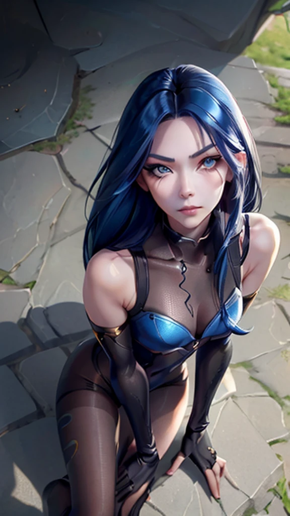 masterpiece, best quality, high quality, High definition, High quality texture, High quality shadow, high detail, sharp focus, (intricate details, makeup, PureErosFace_V1:0.5), ((long dak blue hair)), (Beautiful face, Cute face, Detailed face), (((Sunny))), Perfect Eyes Eyes, 1 woman,(Spread legs:1.3),sexy, (((arms wide open))),(put hand on hip),((slender hand)), ((slender leg)), ((slender foot)), bird eyes view, look at viewer, sci-fi, bodysuit, yellow eyes, smirk, BIG BOOBS, SEXY