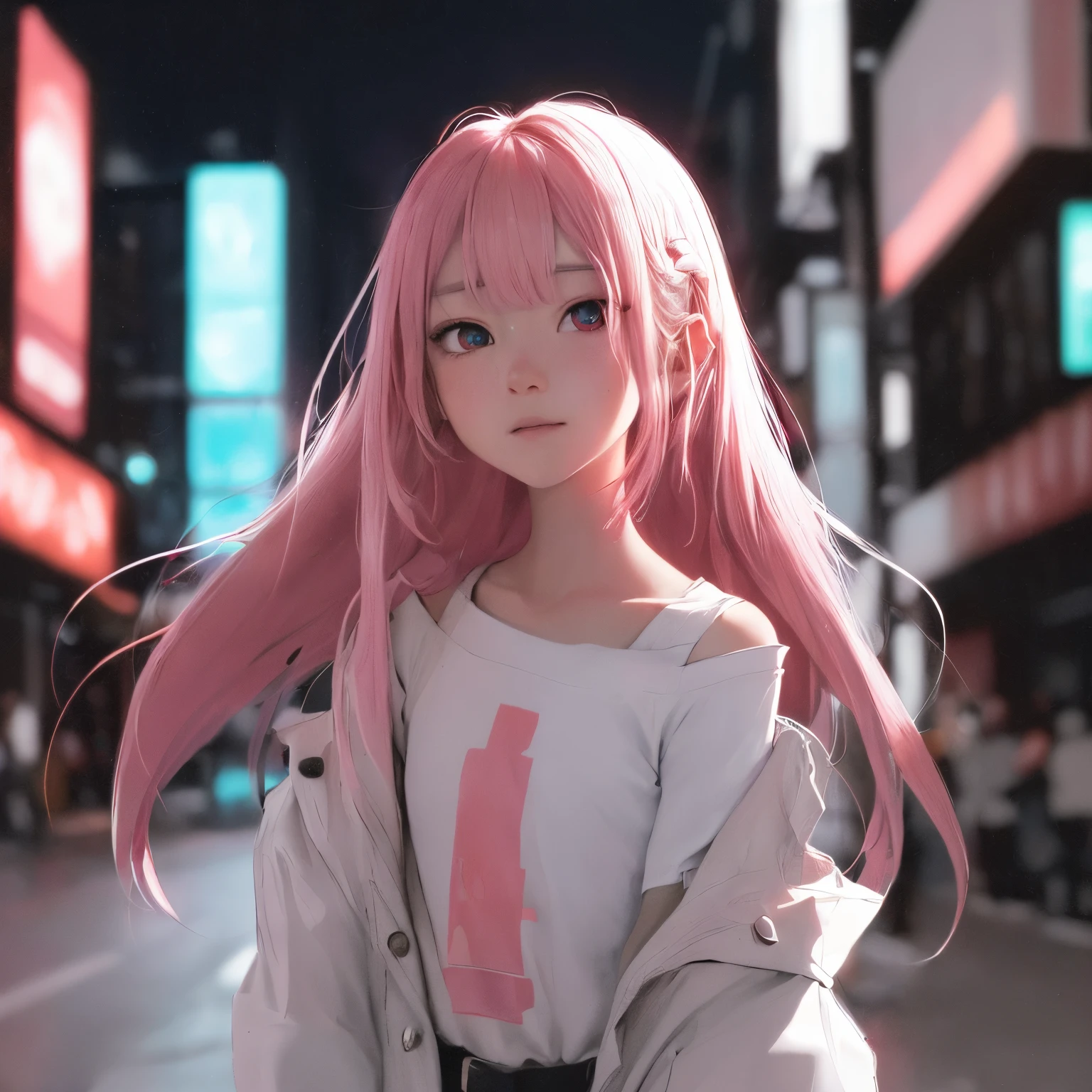 1boy, solo, loli, petite,(night_sky), (very_long_pink_hair), plaits, (red_eyes), medium_breasts, (white_shirt:1.5), (windbreaker), (off_shoulder:1.2), (portrait), glowing_eyes, background_light, (cityscape :1.5), (neon_lights:1.2), (science), cyberpunk, ((obra-prima)), (highres), (best_quality), (highly_detailed), (original),(Fundo delicado),(papel de parede 8K extremamente detalhado), cinematic lighthing, Volume Lighting, light particules, shaded_face, beautiful_detailed_eyes, depth_of_field, perspectiva,