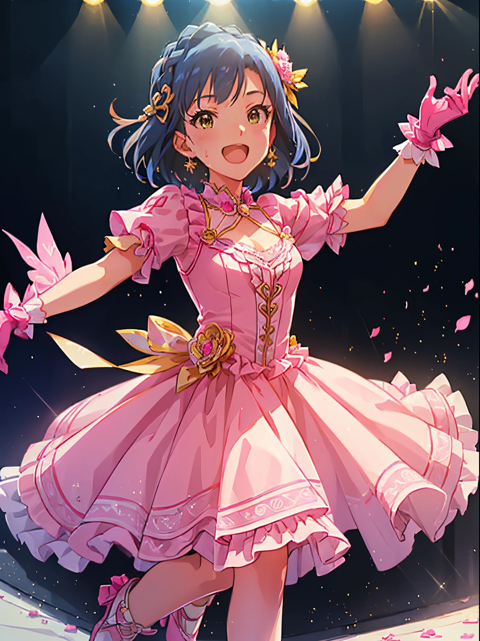 yuriko nanao (million live), 1 girl, Solo, Best Quality, masutepiece, High resolution, detailed face, cinematic angle, (((singing on the stage, smile, opened mouth, sweat))), (((idol costume:1.2, pink frilled dress, gloves, holding a microphone))),