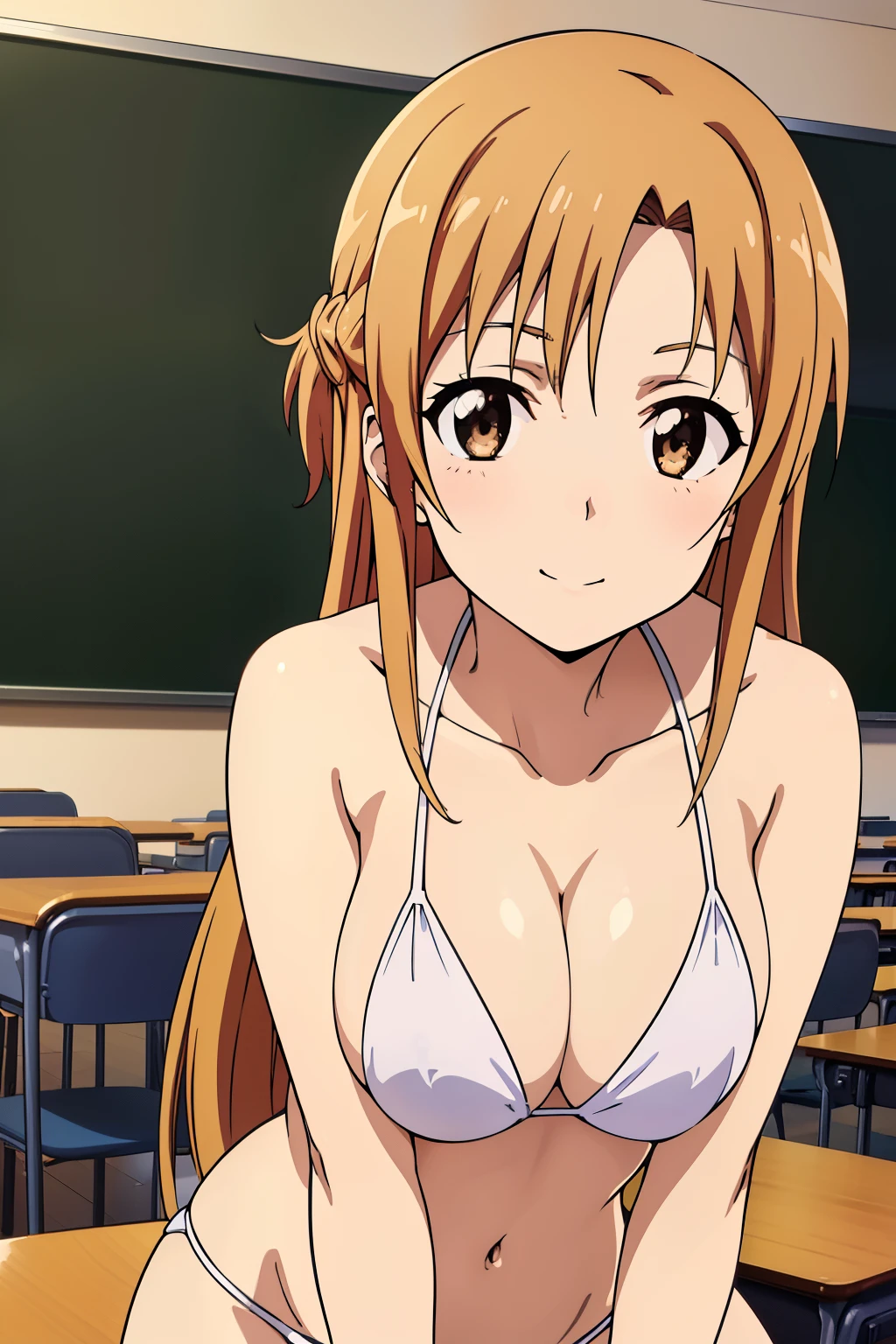 ((masutepiece, Best Quality, High resolution, anime screen cap, anime colours, in 8K, anime keyvisual)):1.5, Asuna, 1girl in, Cute, Shy smile, (Light brown long hair:1.5), 14years, (Oversized large sagging breasts:1.5), cleavage, ((White Micro Bikini:1.5, Thin fabric)), Navel Ejection, Lower your arms, Leaning forward:1.5, Upper body, Classroom, ((Perfect Anatomy, beautifull detailed face, Beautiful detailed eyes, beautiful detailed hair, Beautiful detailed body)), thick outline, Beautiful outlines, black outlines