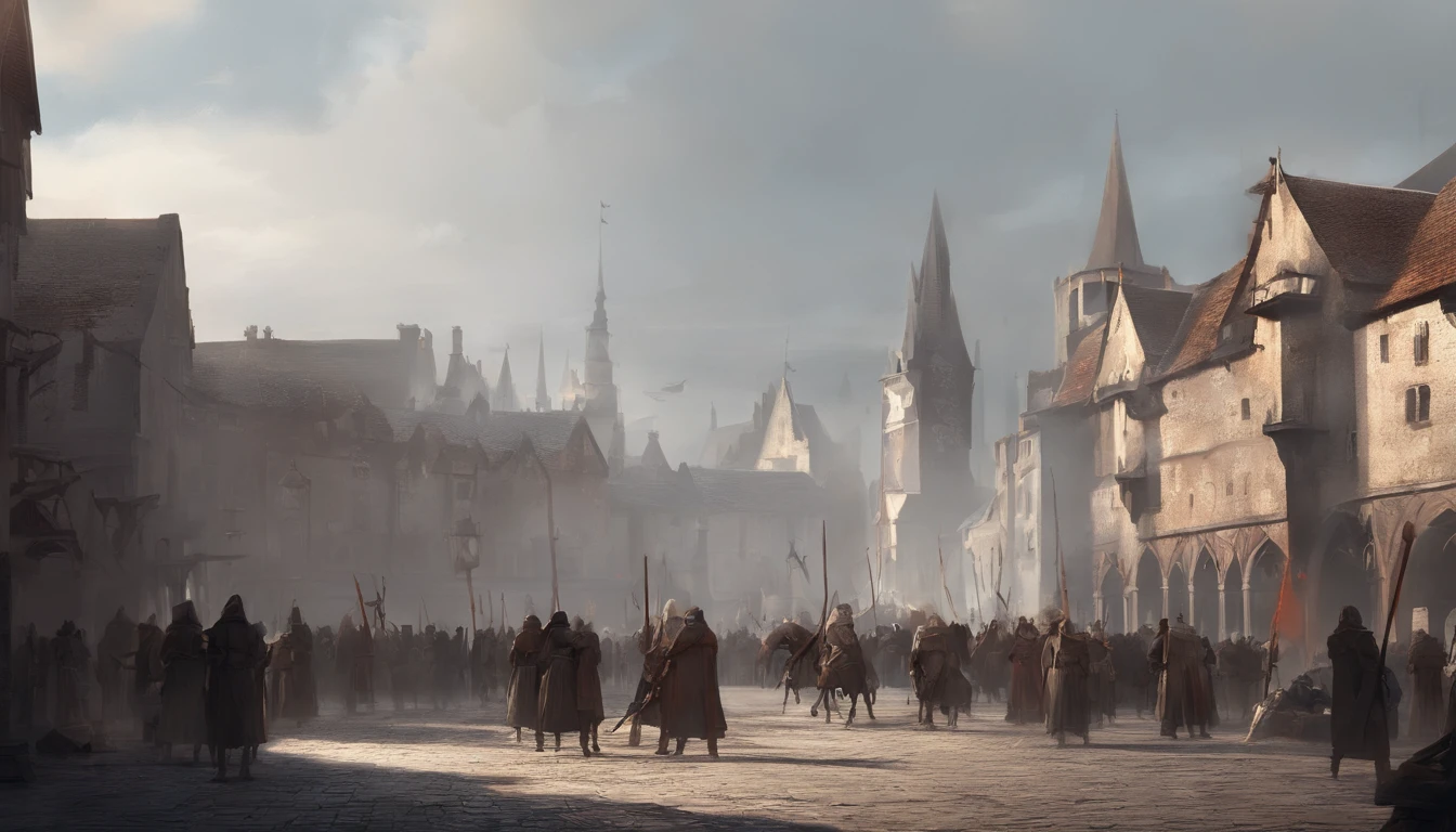 medieval city square with on a bleak and sunny day with cold sunlight. There is an ongoing execution and the air smells of blood and death. People are watching the execution