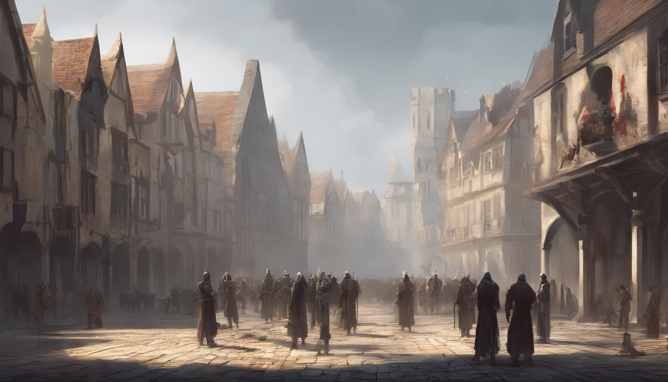 medieval city square with on a bleak and sunny day with cold sunlight. There is an ongoing execution and the air smells of blood and death. People are watching the execution