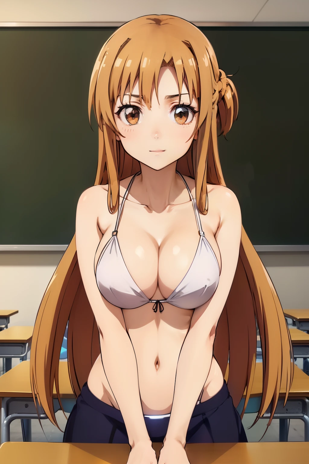 ((masutepiece, Best Quality, High resolution, anime screen cap, anime colours, in 8K, anime keyvisual)):1.5, Asuna, 1girl in, Cute, Shy smile, (Light brown long hair:1.5), years, (Oversized large sagging breasts:1.5), cleavage, ((White Micro Bikini:1.5, Thin fabric)), Navel Ejection, Lower your arms, leaning forward, Upper body, ‎Classroom, ((Perfect Anatomy, beautifull detailed face, Beautiful detailed eyes, beautiful detailed hair, Beautiful detailed body)), thick outline, Beautiful outlines, black outlines