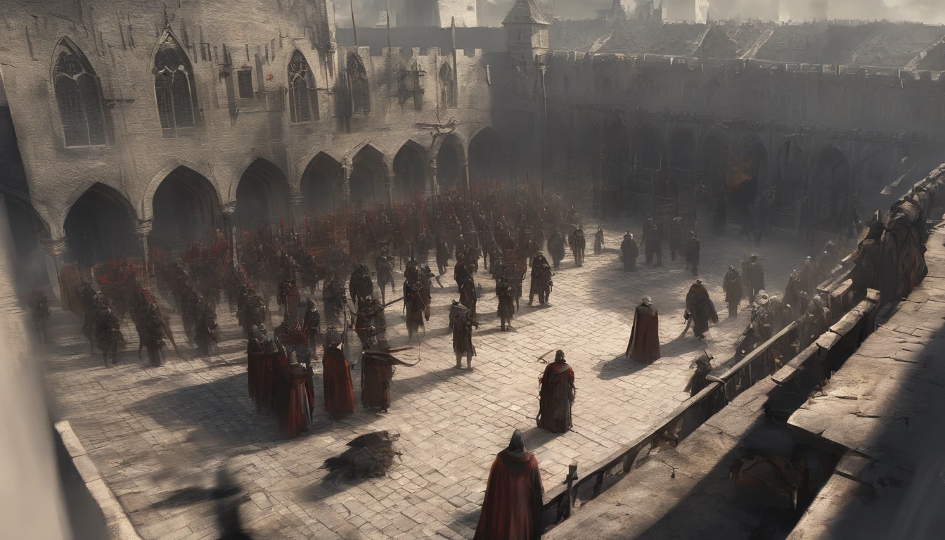 medieval city square with on a bleak and sunny day with cold sunlight. There is an ongoing execution and the air smells of blood and death. People are watching the beheading on a wooden platform surrounded by guards. A new ruler has just taken over the city by force