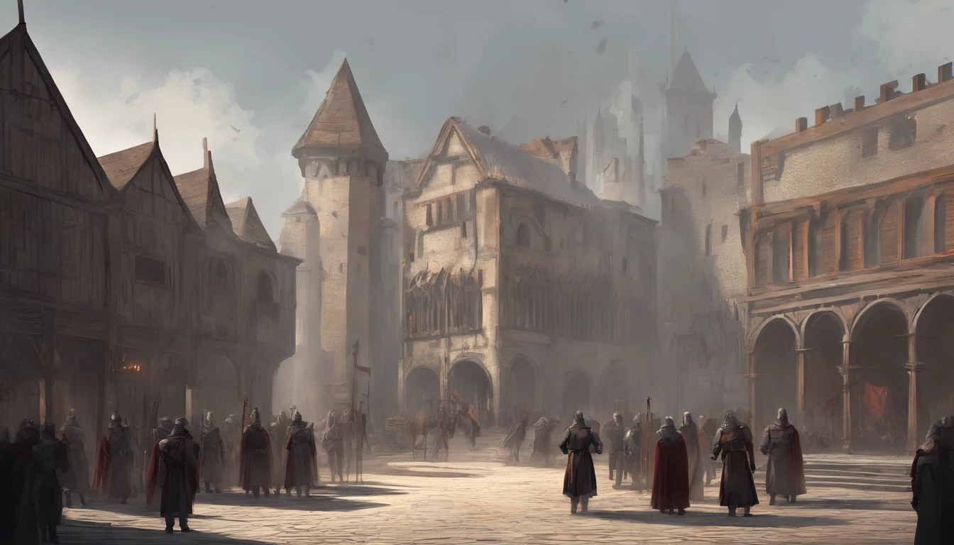 medieval city square with on a bleak and sunny day with cold sunlight. There is an ongoing execution and the air smells of blood and death. People are watching the beheading on a wooden platform surrounded by guards. A new ruler has just taken over the city by force