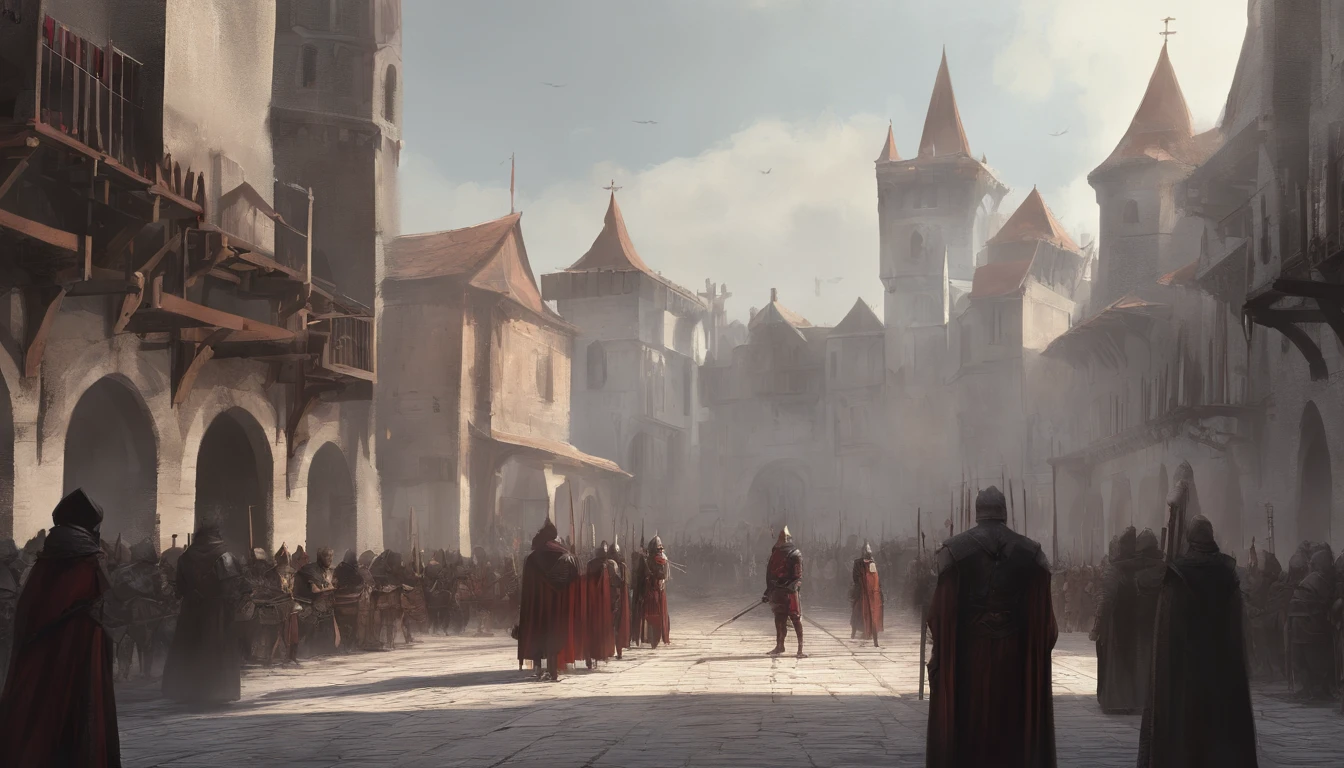 medieval city square with on a bleak and sunny day with cold sunlight. There is an ongoing execution and the air smells of blood and death. People are watching the beheading on a wooden platform surrounded by guards. A new ruler has just taken over the city by force