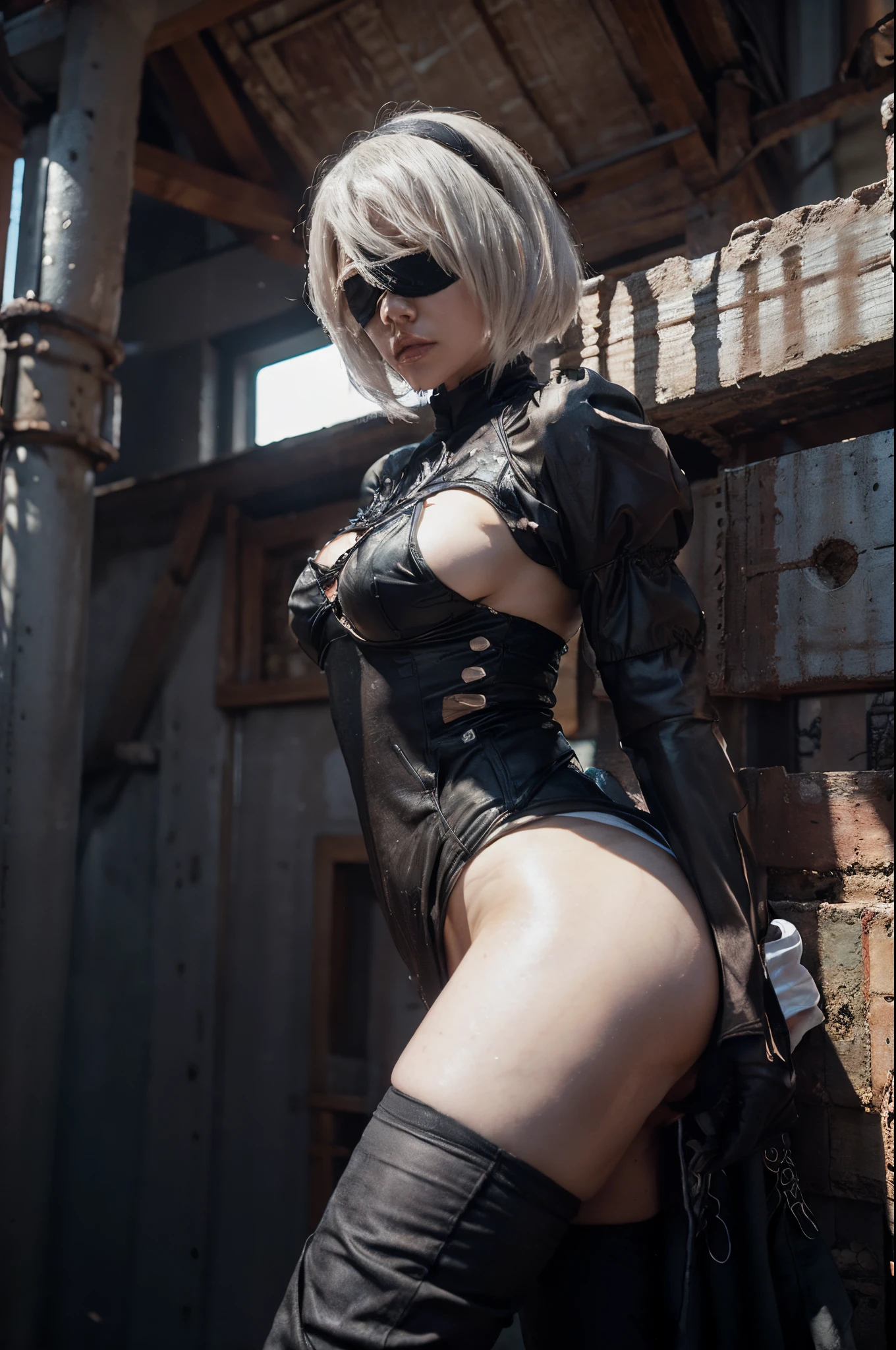 Scarlett Johansson as yorha no.2 type b with blindfold, (8k, RAW photo, best quality, masterpiece:1.2), (realistic, photo-realistic:1.37), ultra-detailed, (high detailed skin:1.2), 8k uhd, dslr, soft lighting, high quality, film grain, Fujifilm XT3, professional lighting, photon mapping, radiosity, Depict a breathtaking scene from the beloved series, showcasing iconic elements in a visually stunning and highly detailed environment,